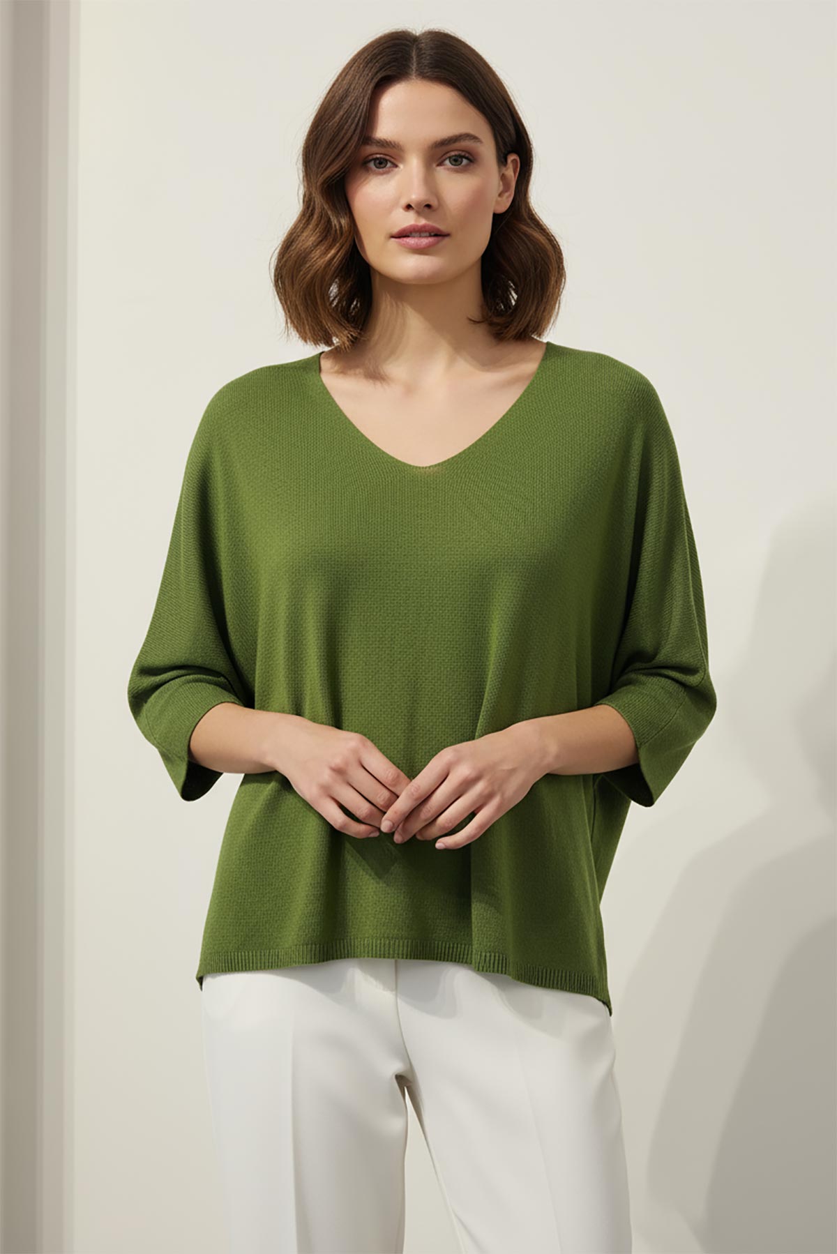 Aria Lightweight Batwing Knit Top in green – Italian modal blend knit with 3/4 sleeves