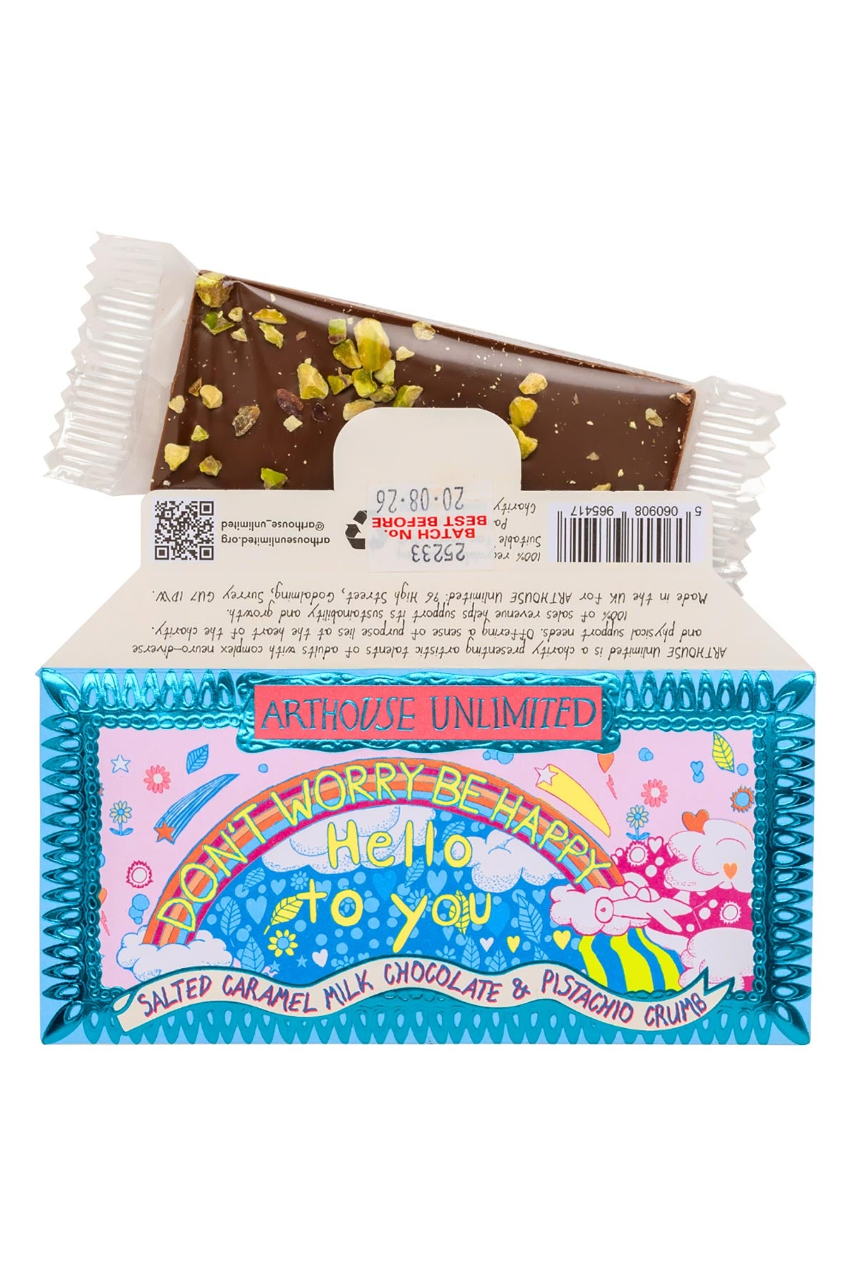 ARTHOUSE Unlimited Be Happy Milk Chocolate Bar with salted caramel and pistachio