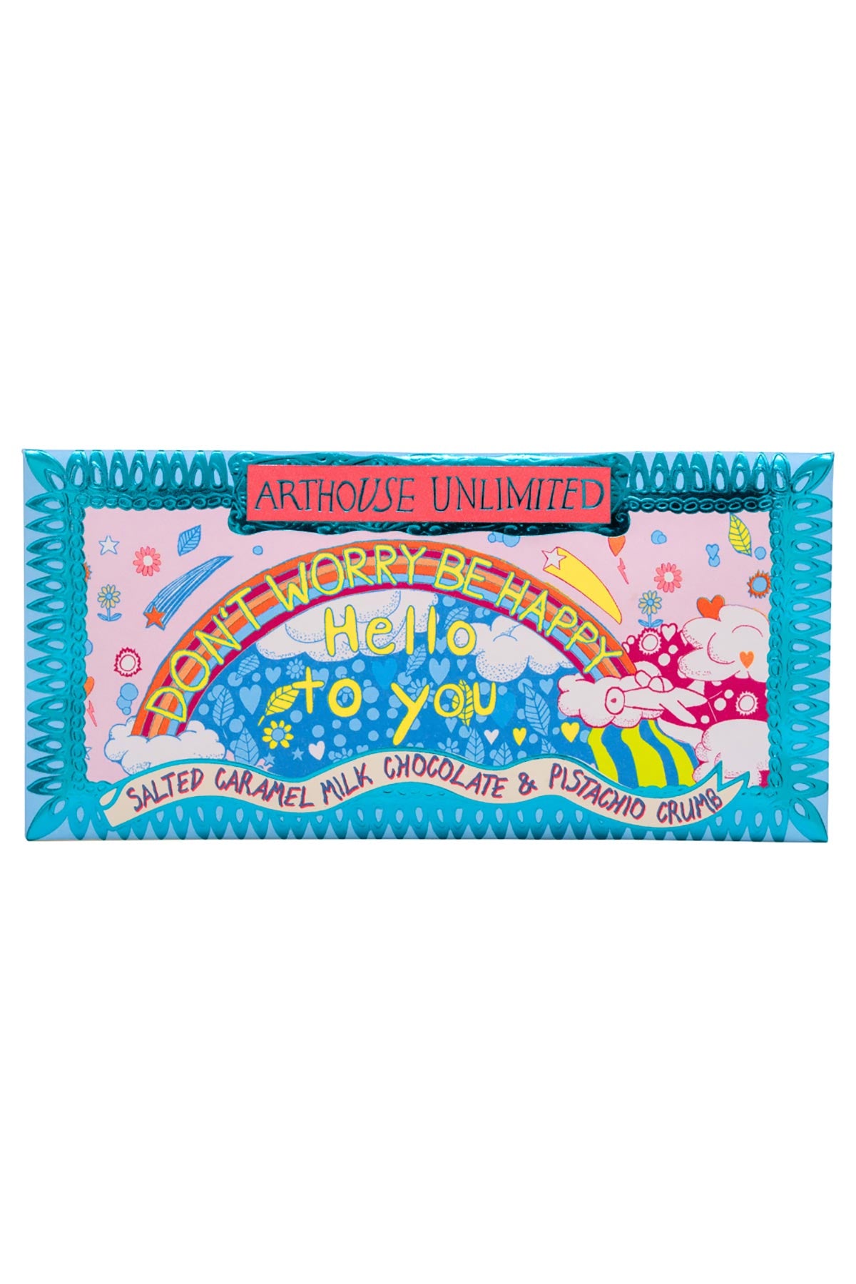 Joy Sized Be Happy chocolate bar in colourful artist-designed packaging