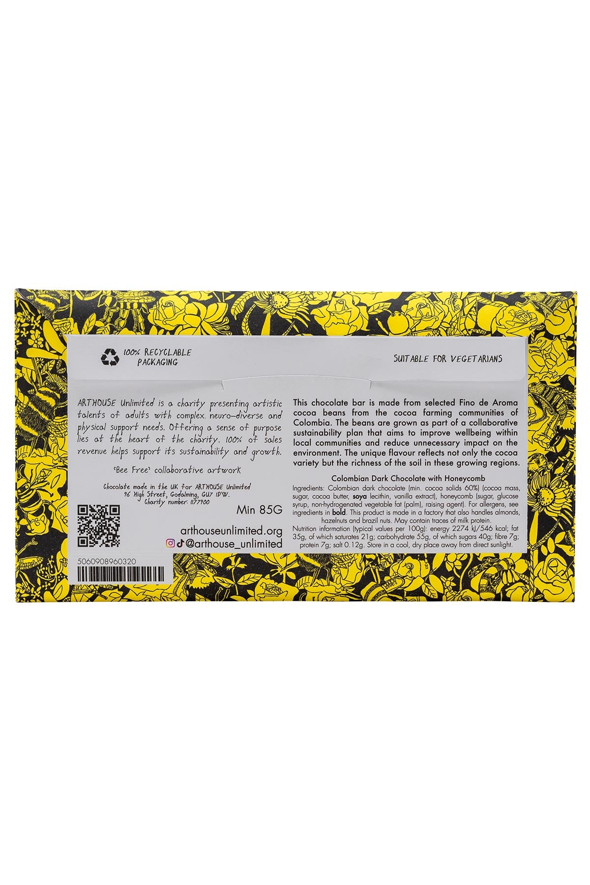Bee Free Dark Chocolate Bar in illustrated packaging with bee design back