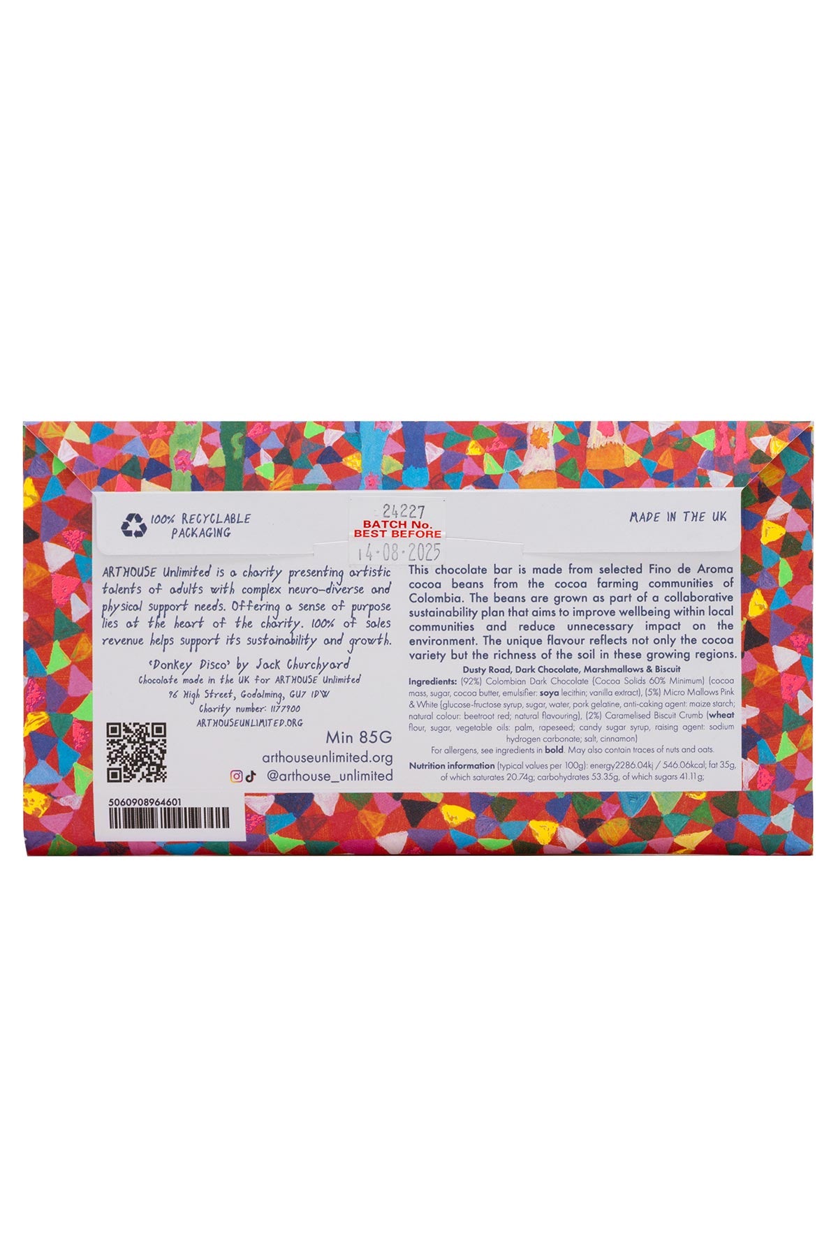 Dusty Road chocolate bar with illustrated wrapper by ARTHOUSE Unlimited artists ingredients