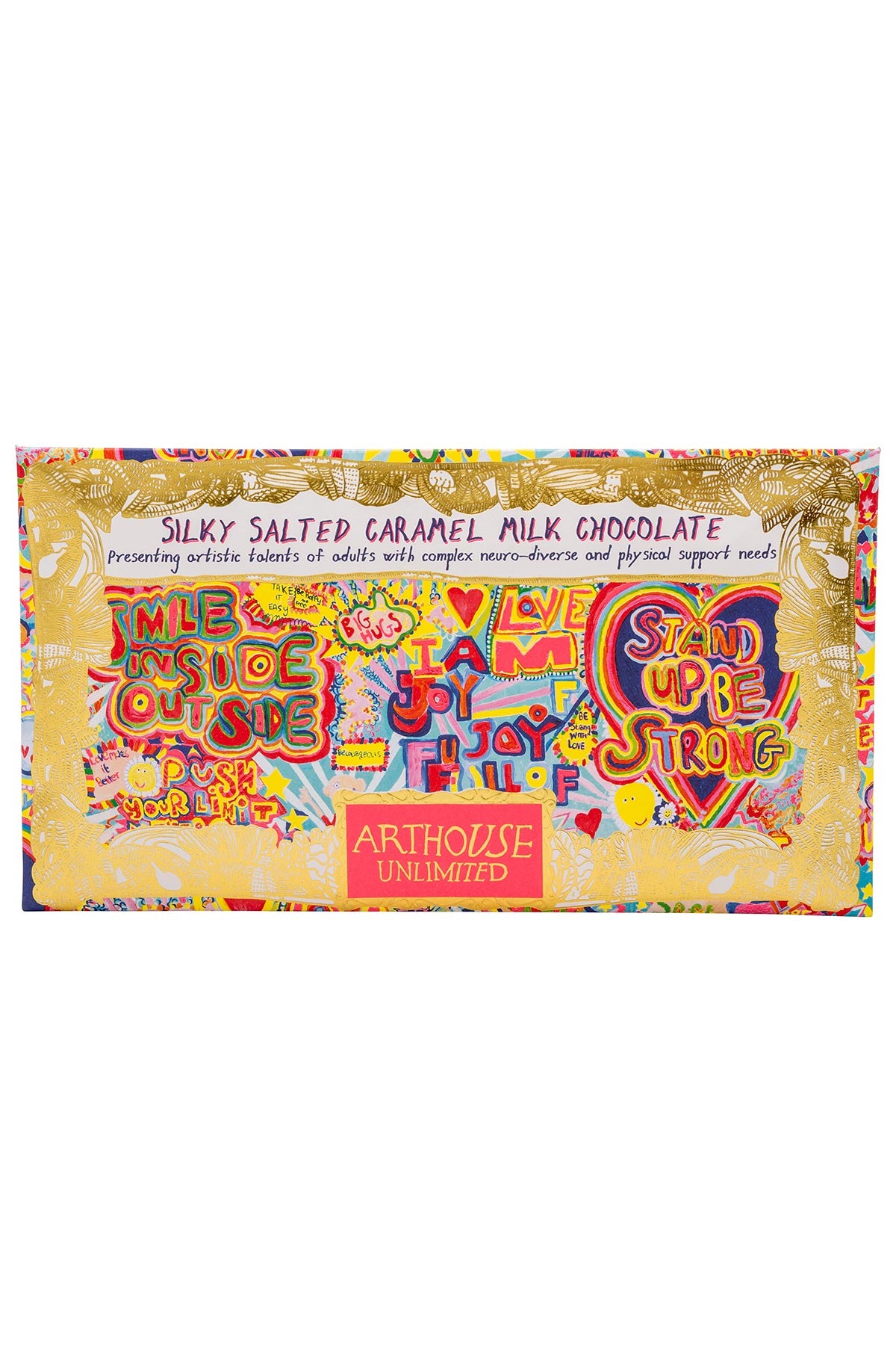 Full of Joy chocolate bar wrapped in colourful artist artwork
