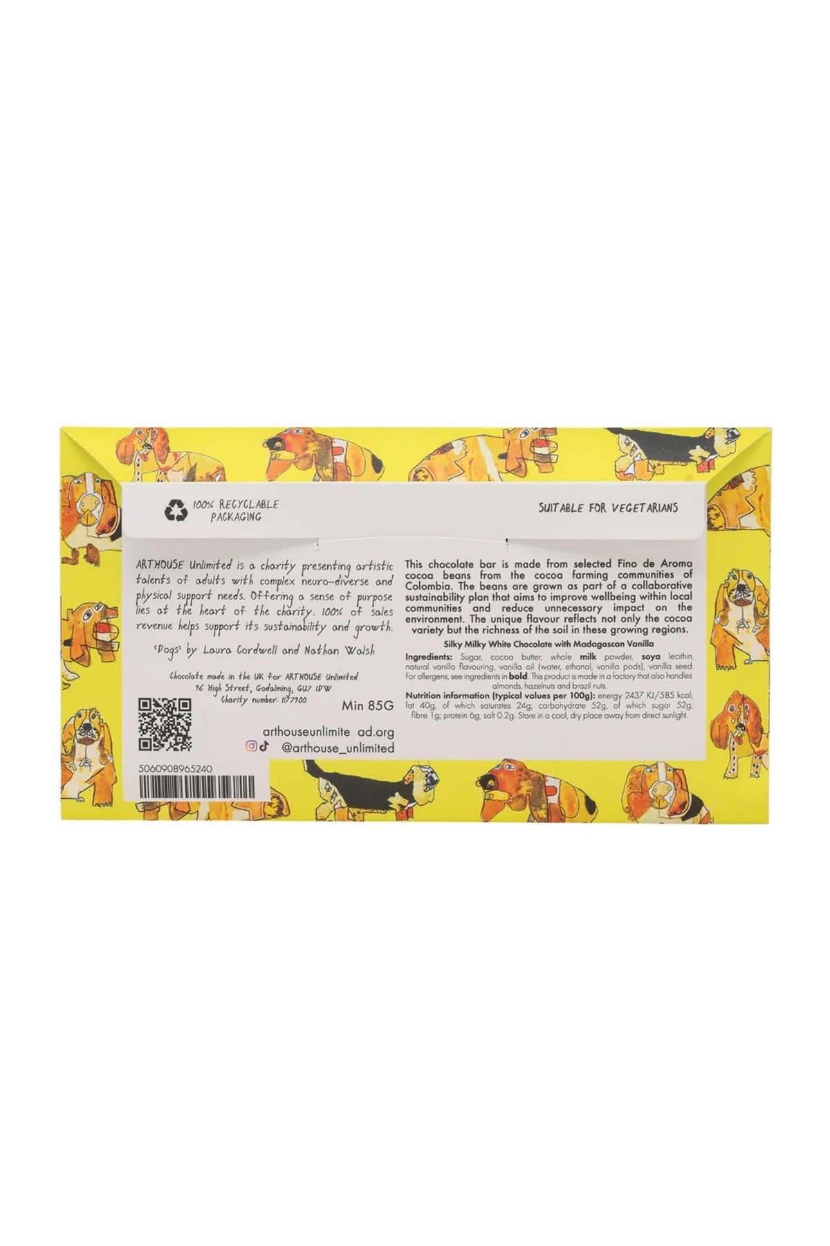 Ethical chocolate with joyful dog artwork