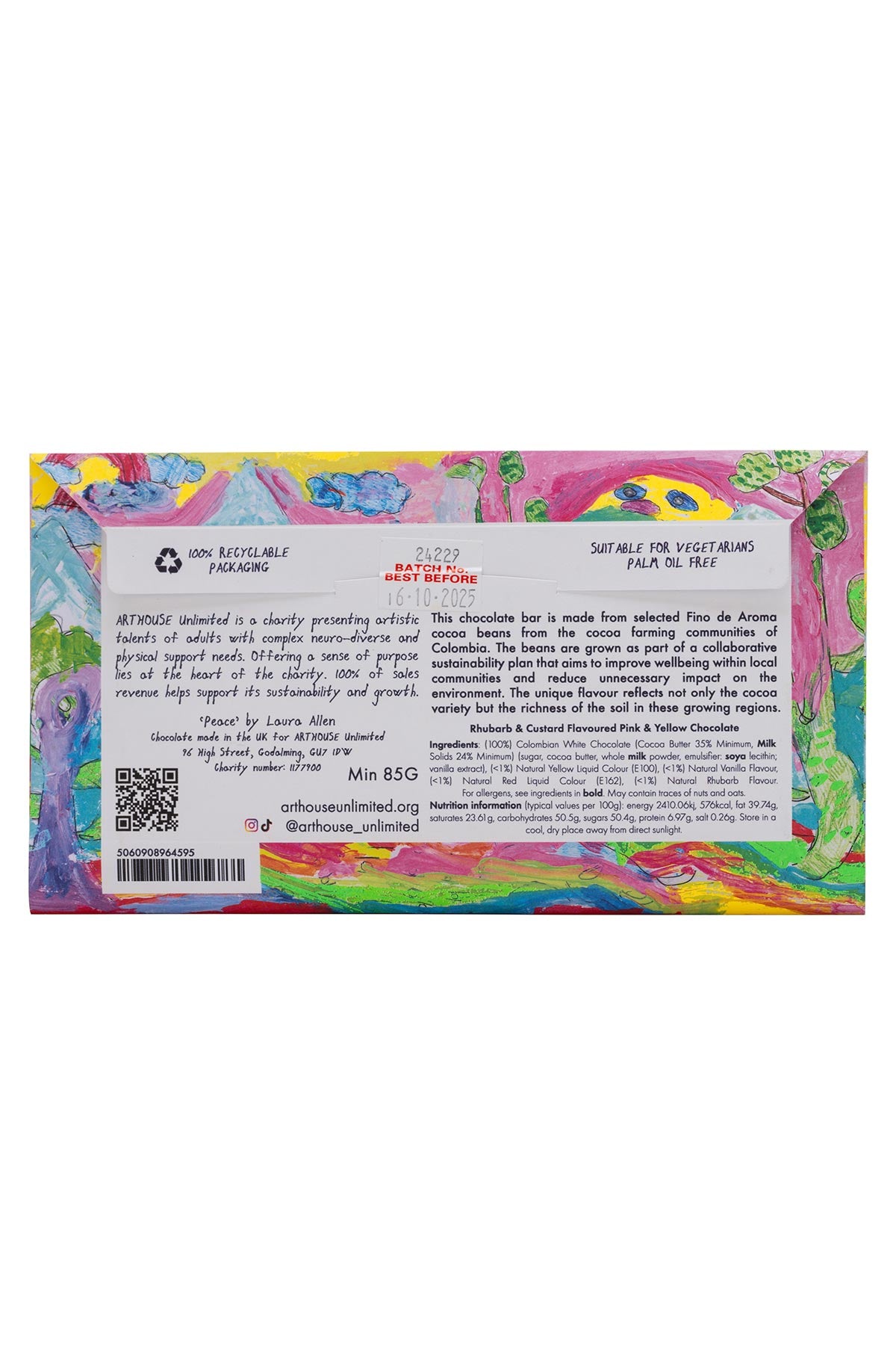 Peace chocolate bar wrapped in illustrated artwork by ARTHOUSE Unlimited artists ingredients