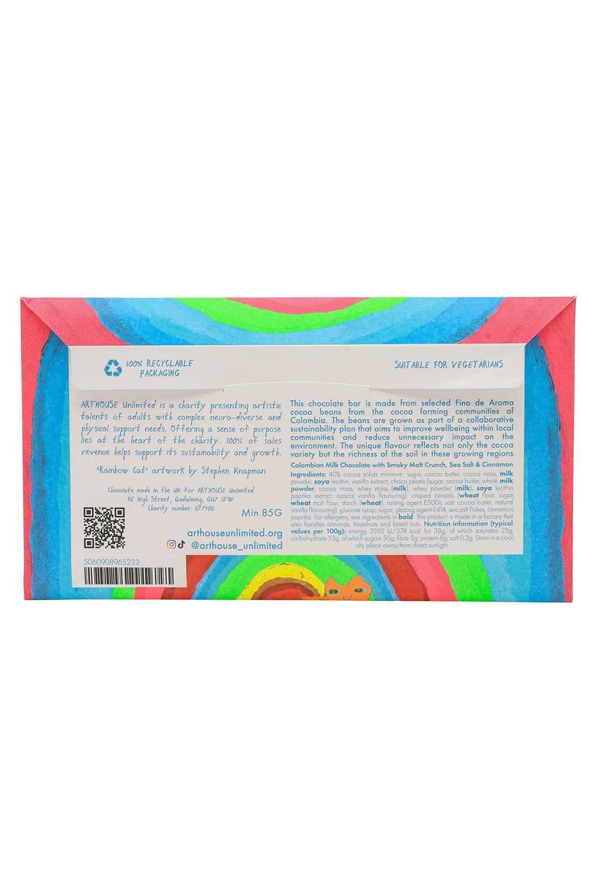 Rainbow Cat chocolate bar in colourful artist-designed wrapper ingredients