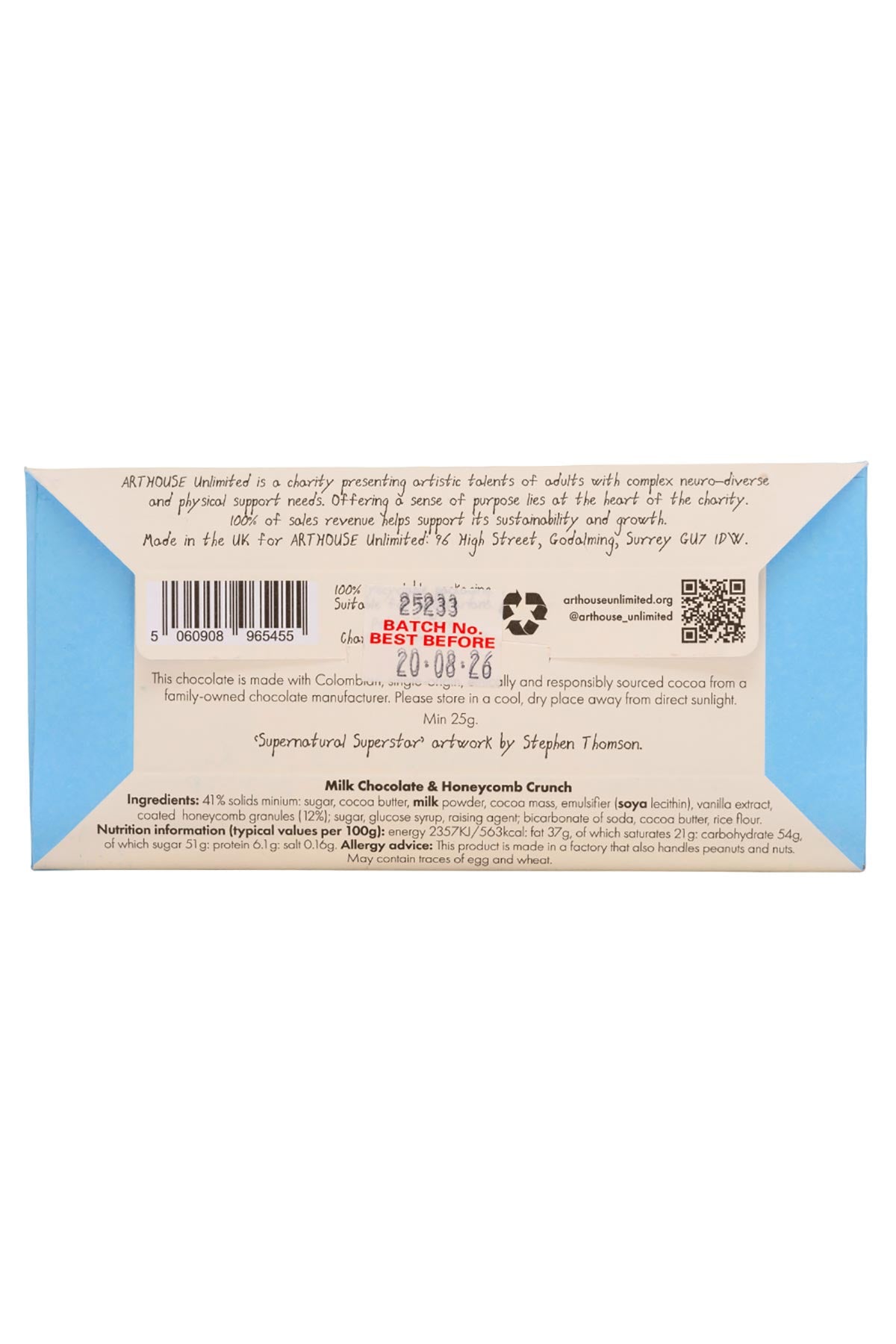 Joy Sized Supernatural Superstar chocolate bar with colourful artist packaging ingredients