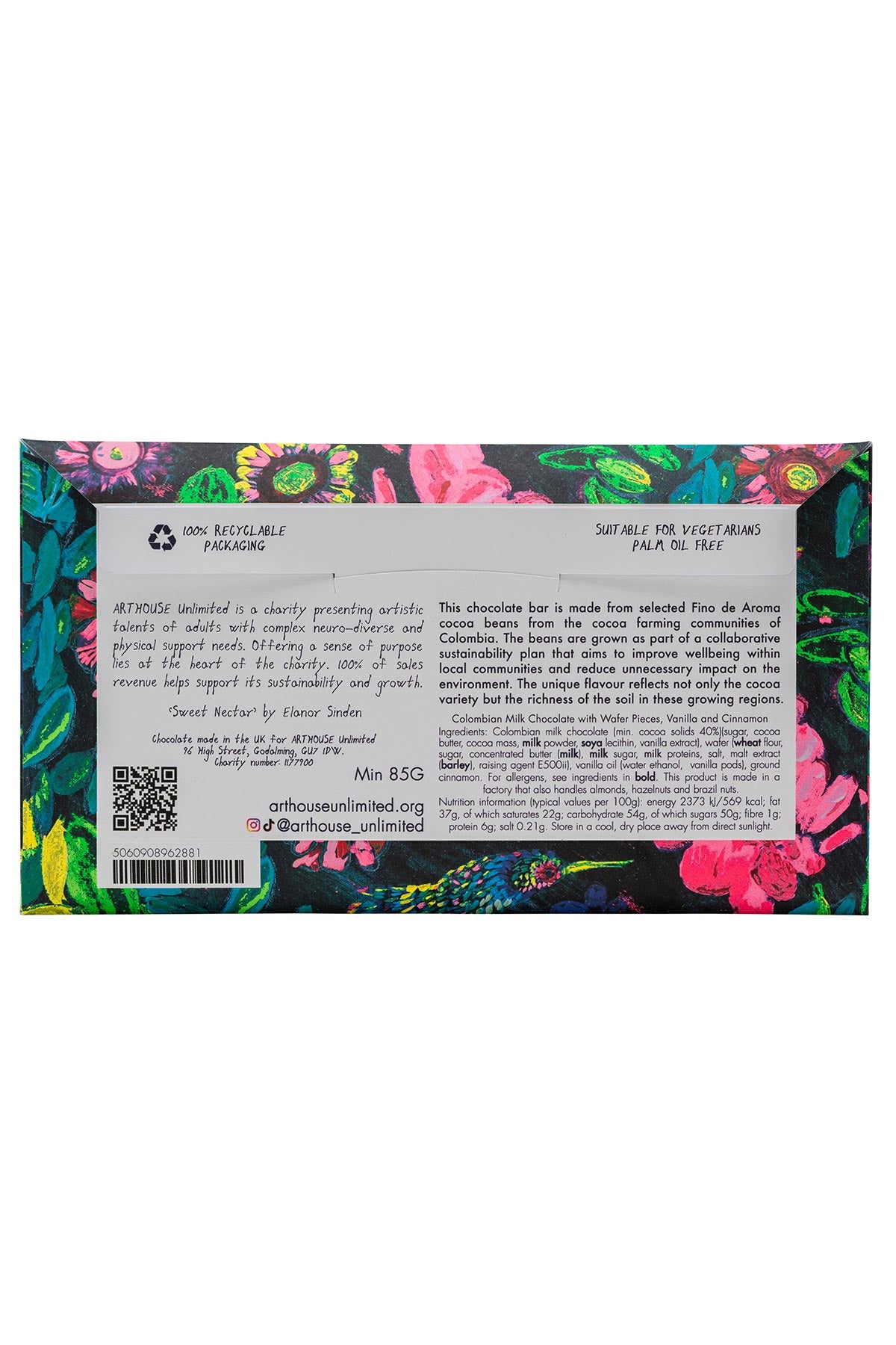 Sweet Nectar chocolate bar wrapped in floral artist-designed packaging ingredients