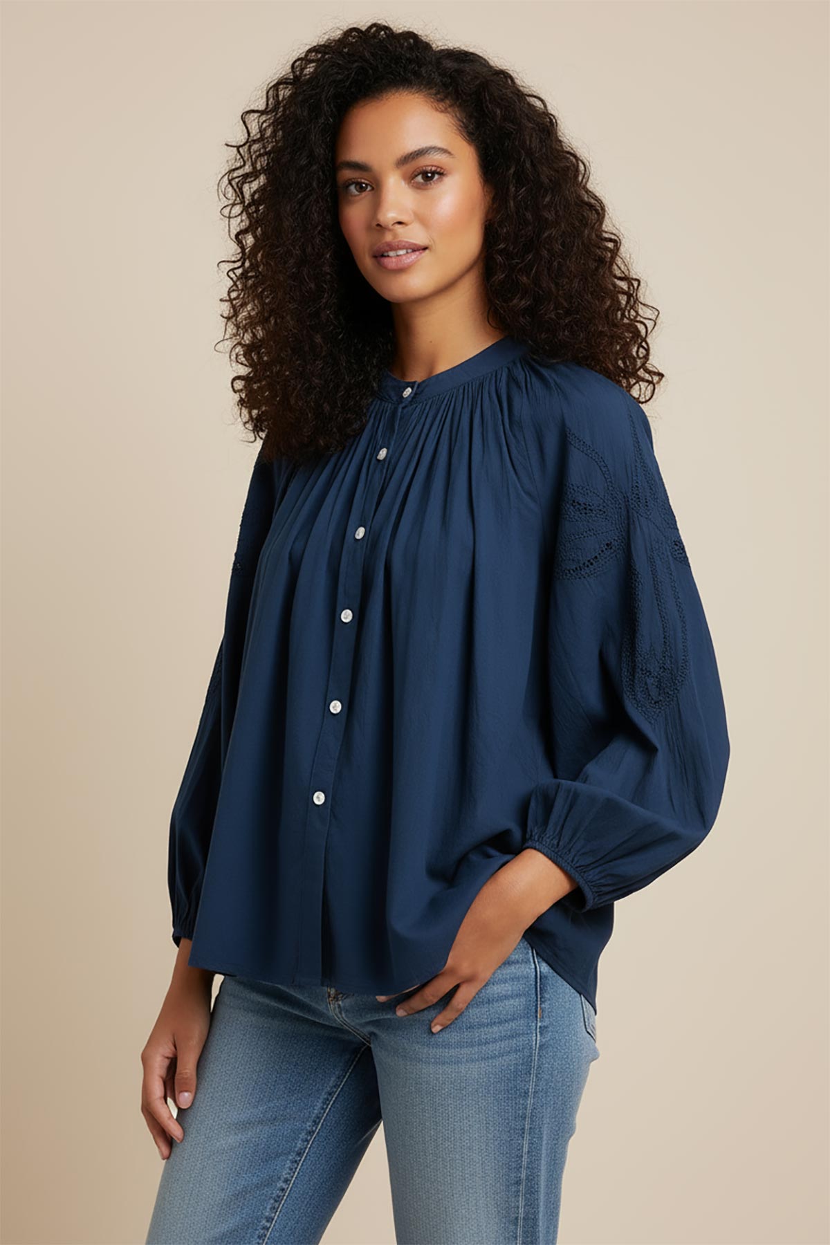 Aurelia Cotton Lace Blouse styled with jeans – relaxed cotton blouse