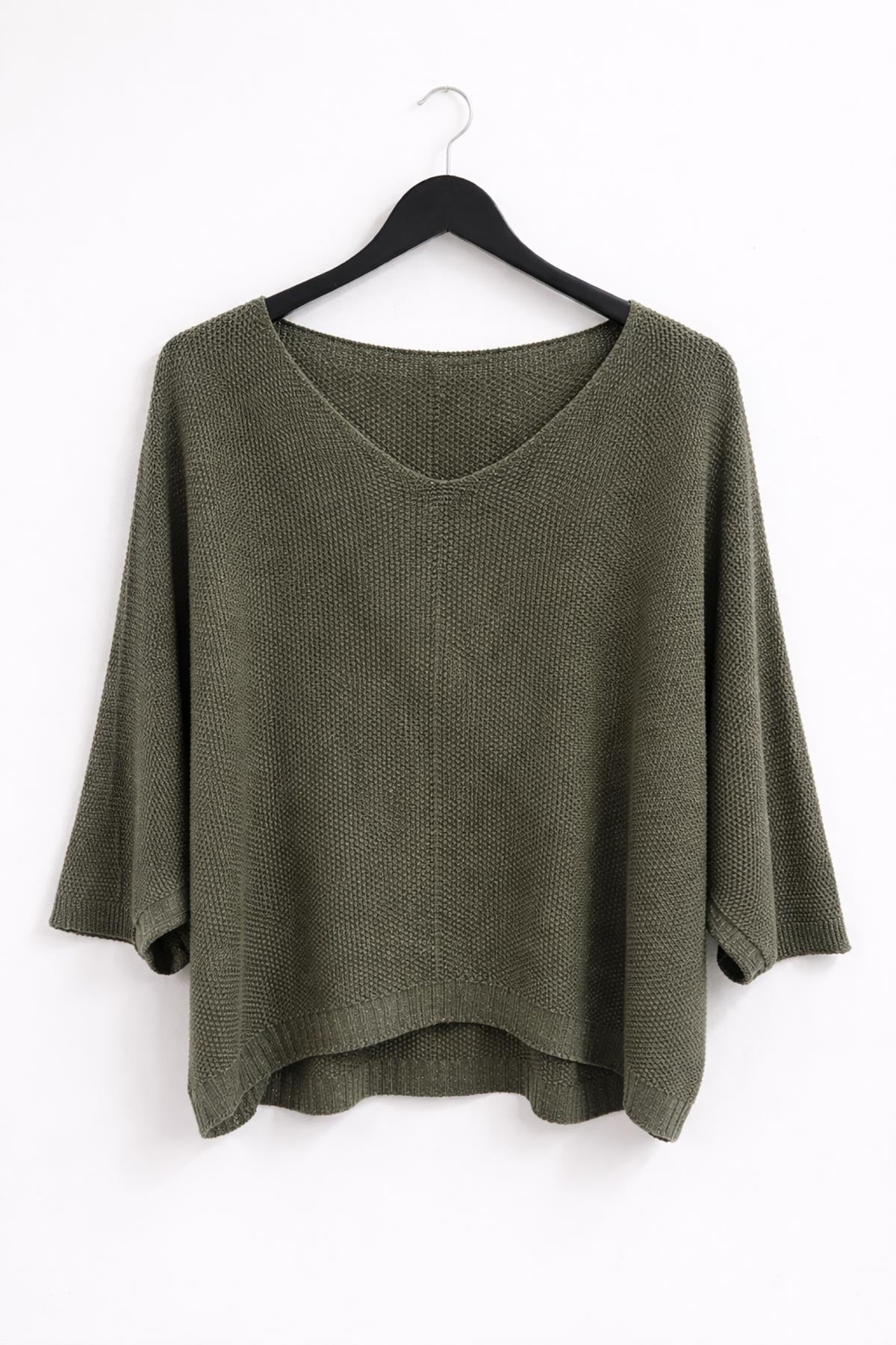 Close-up of Aurora knit top in khaki showing lurex shimmer and soft knit texture