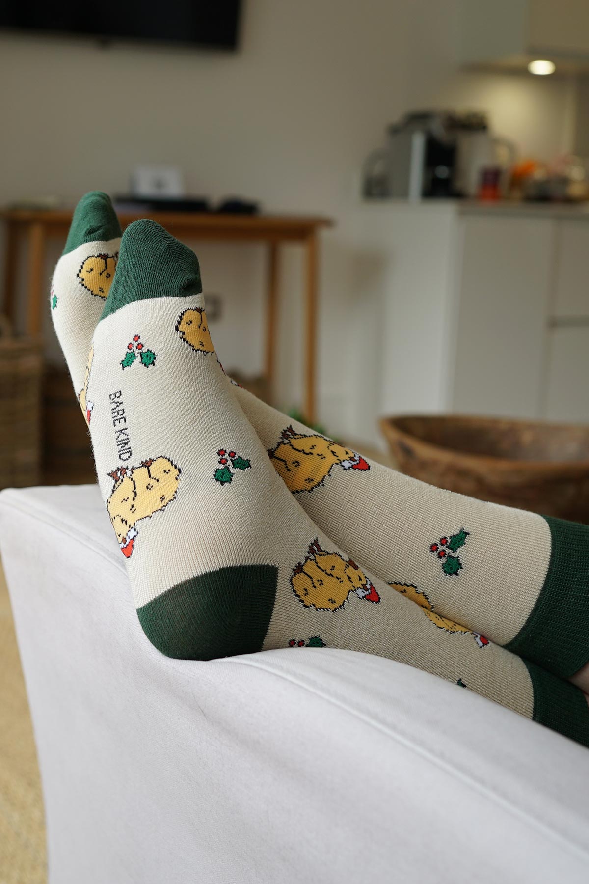 Bare Kind Christmas Capybara Bamboo Socks with festive pattern lifestyle