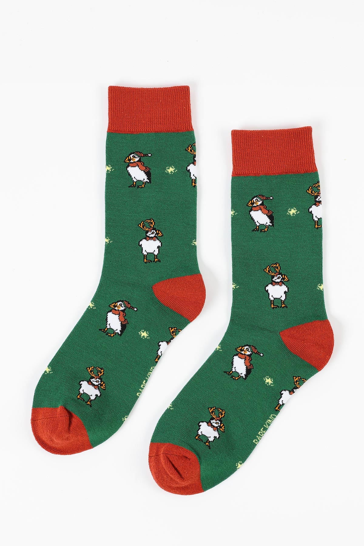 Bare Kind Christmas Puffin Bamboo Socks with holiday design detail