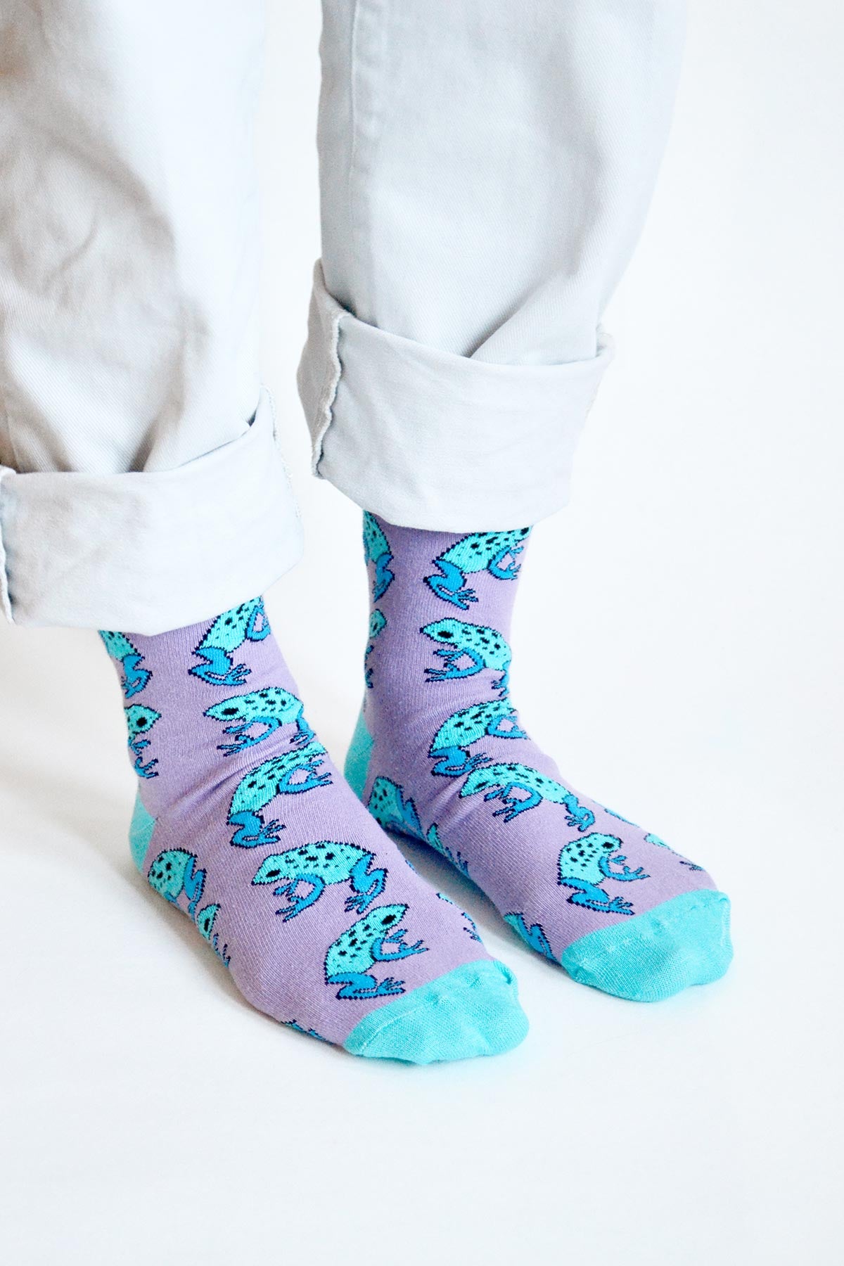 Bare Kind Save the Frogs bamboo socks in green with frog pattern lifestyle