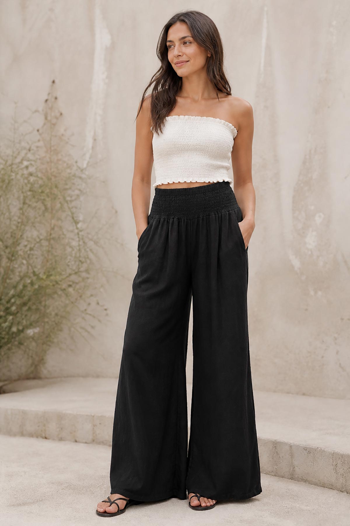 Relaxed black linen palazzo trousers detail by Urban Wild