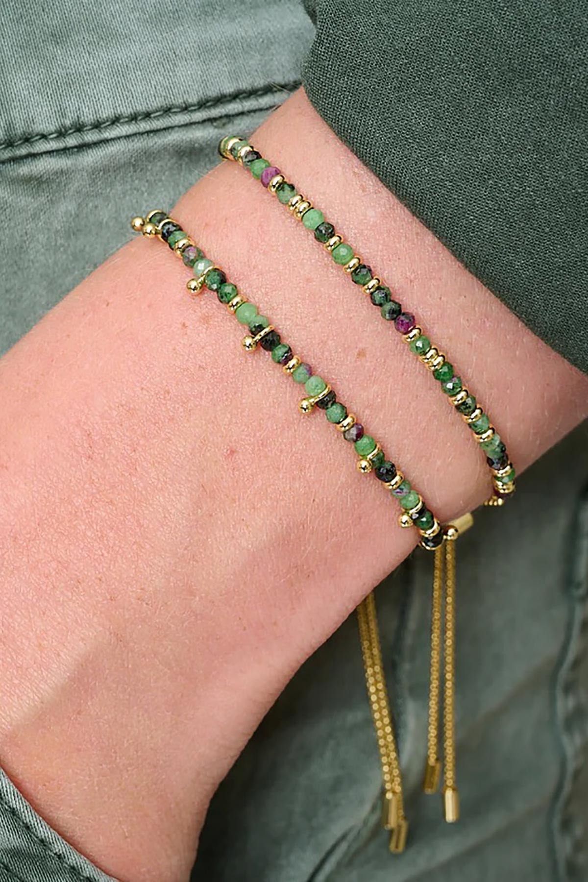 Harmony ruby zoisite bracelet worn on wrist