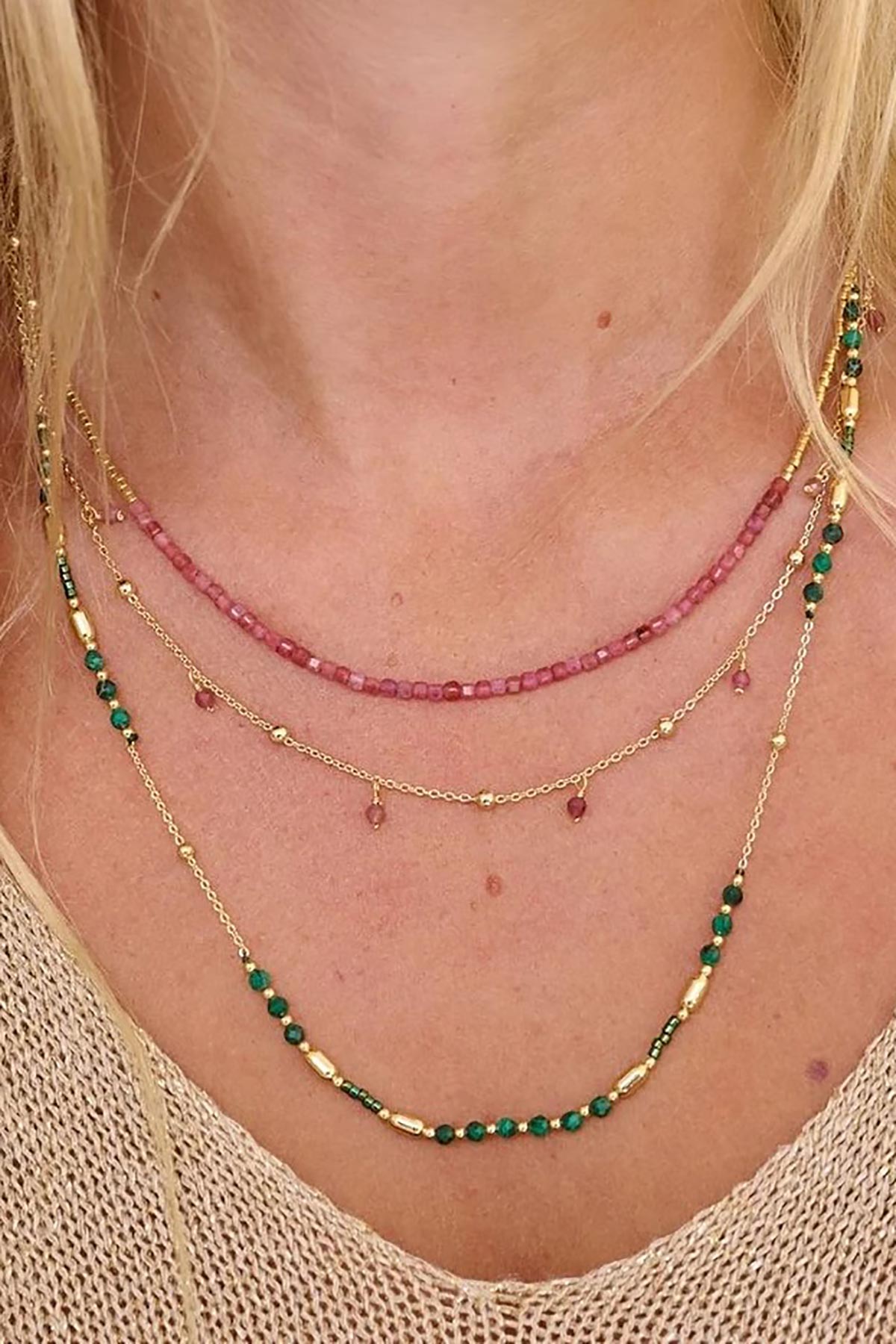 Gold and pink tourmaline layered necklace