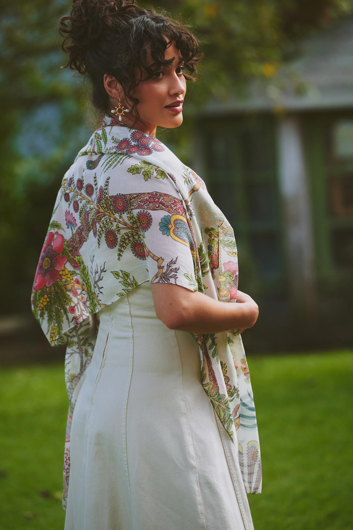 Ecru botanical printed modal and cupro scarf