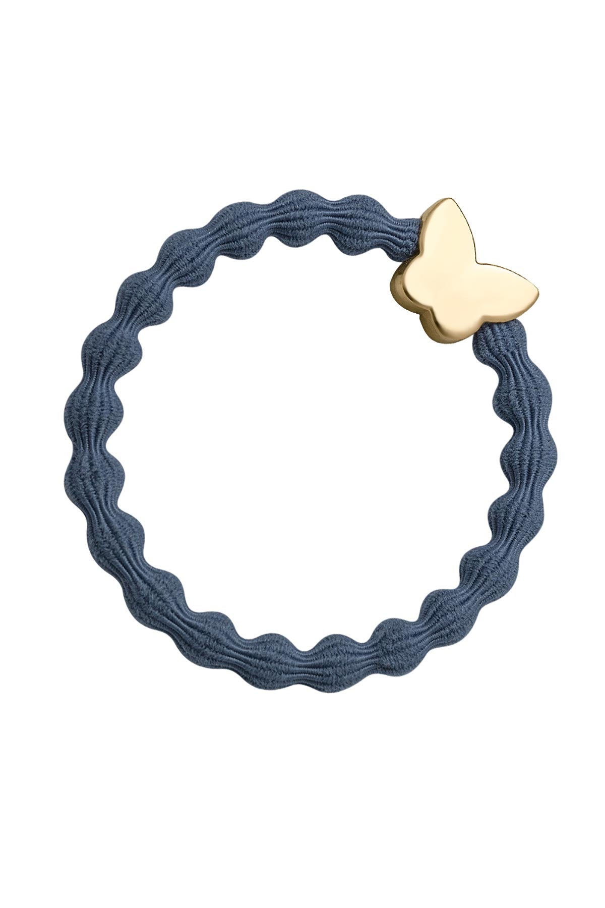 By Eloise Dove Blue Gold Butterfly Bangle Band shown as an elegant hair tie bracelet