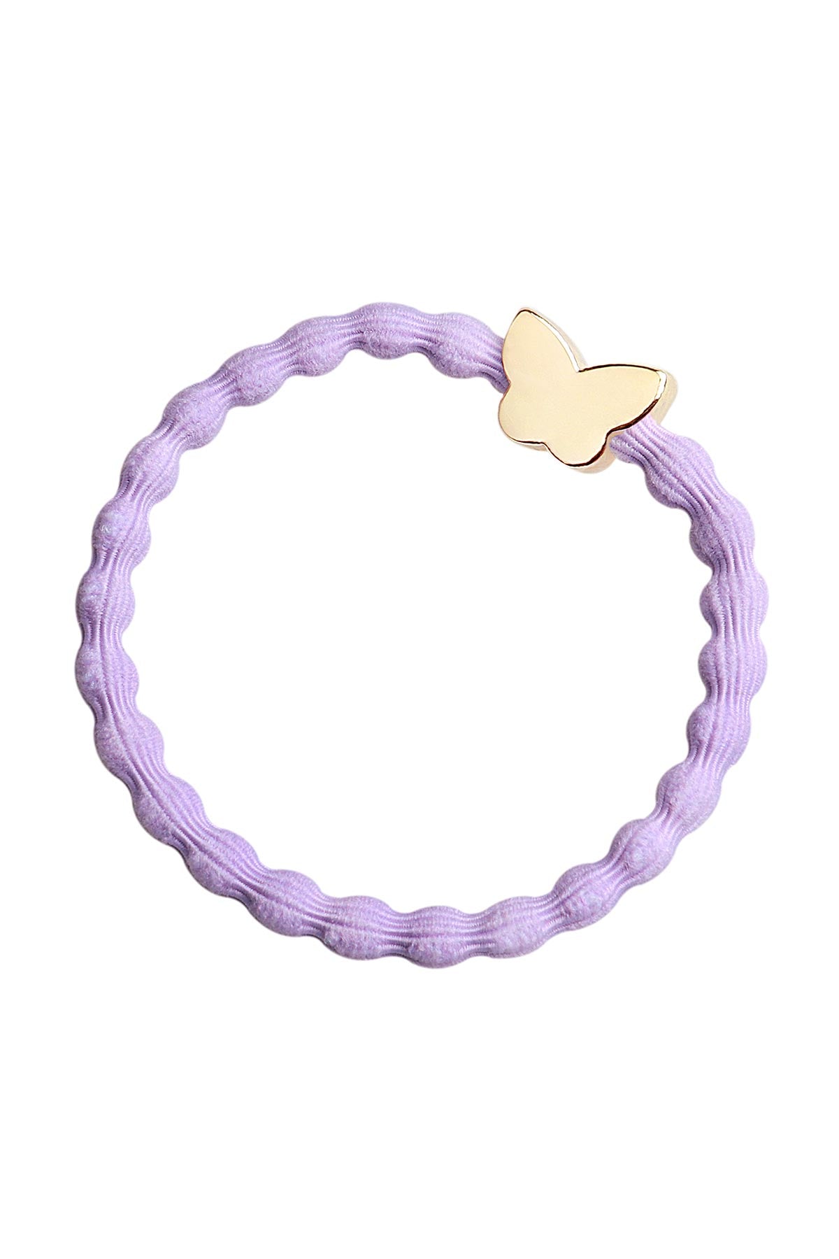 By Eloise Gold Butterfly Bangle Band in lavender shown as an elegant hair tie bracelet