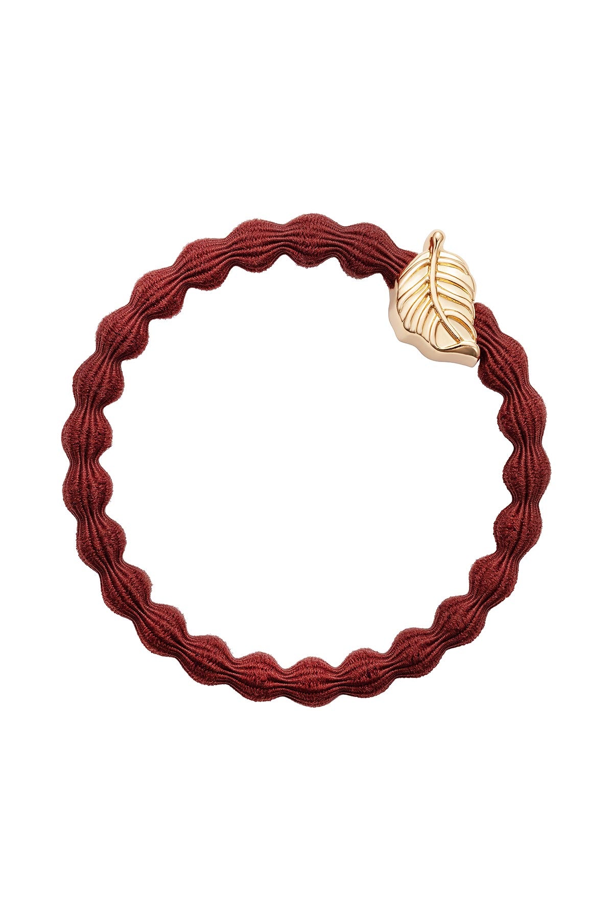 By Eloise Gold Leaf Bangle Band in fired brick shown as an elegant hair tie bracelet