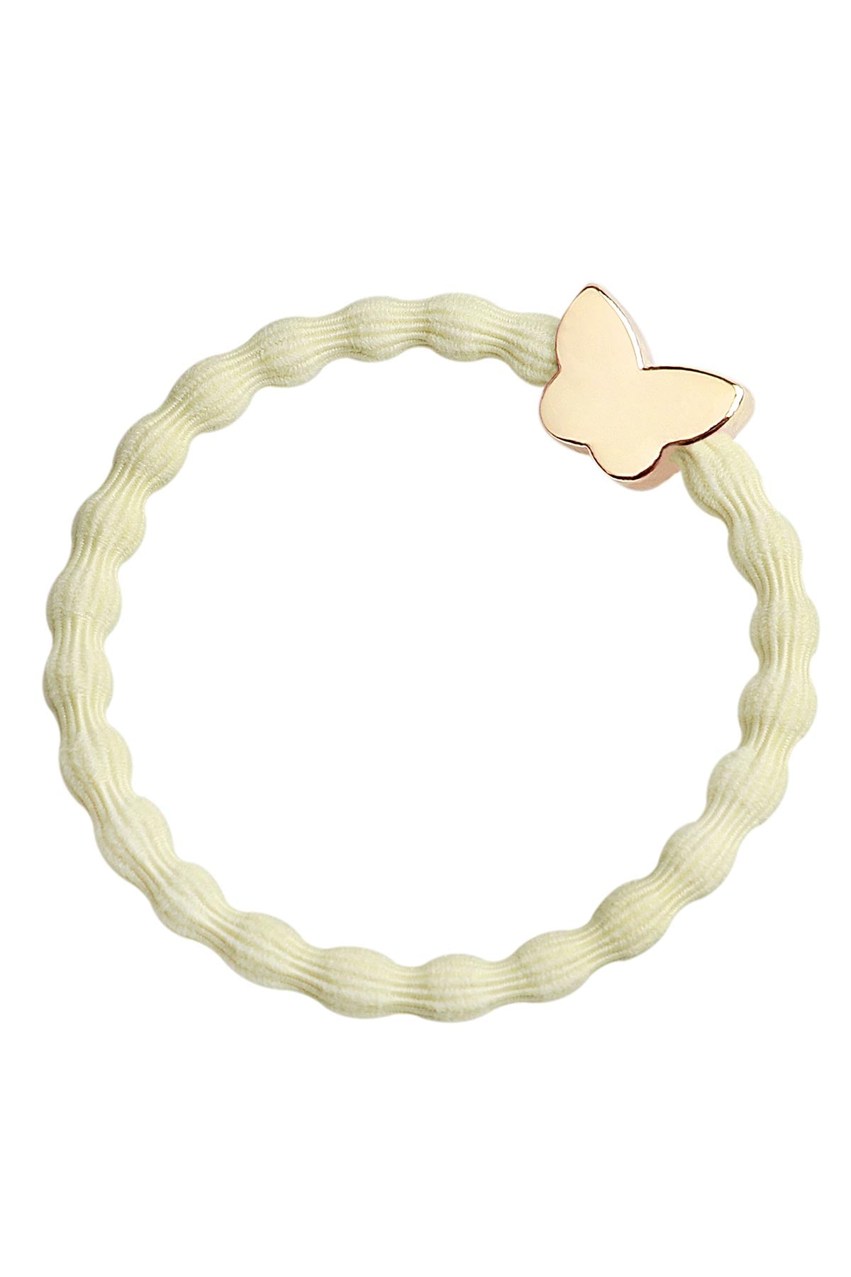 By Eloise Melon Yellow Gold Butterfly Bangle Band shown as an elegant hair tie bracelet