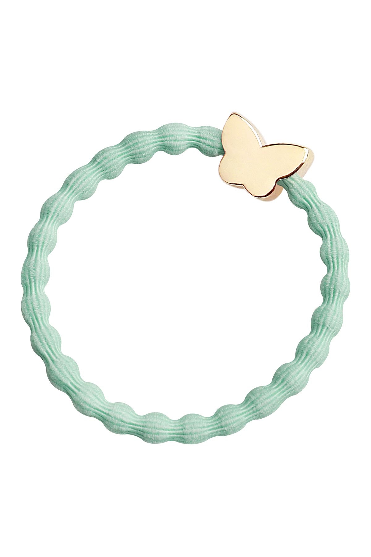 By Eloise Mint Gold Butterfly Bangle Band shown as an elegant hair tie bracelet