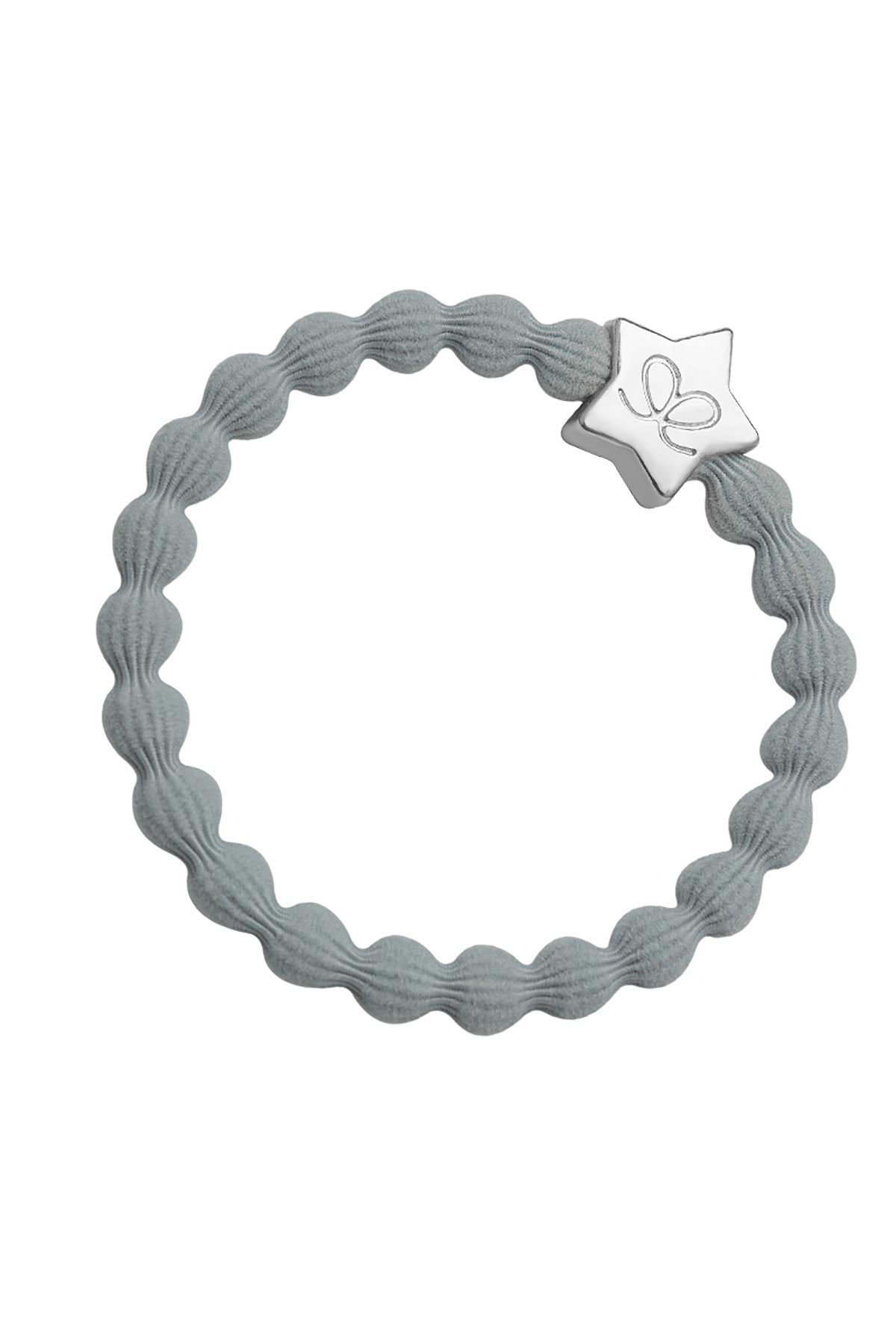 By Eloise Mist Grey Silver Star Bangle Band shown as an elegant hair tie bracelet