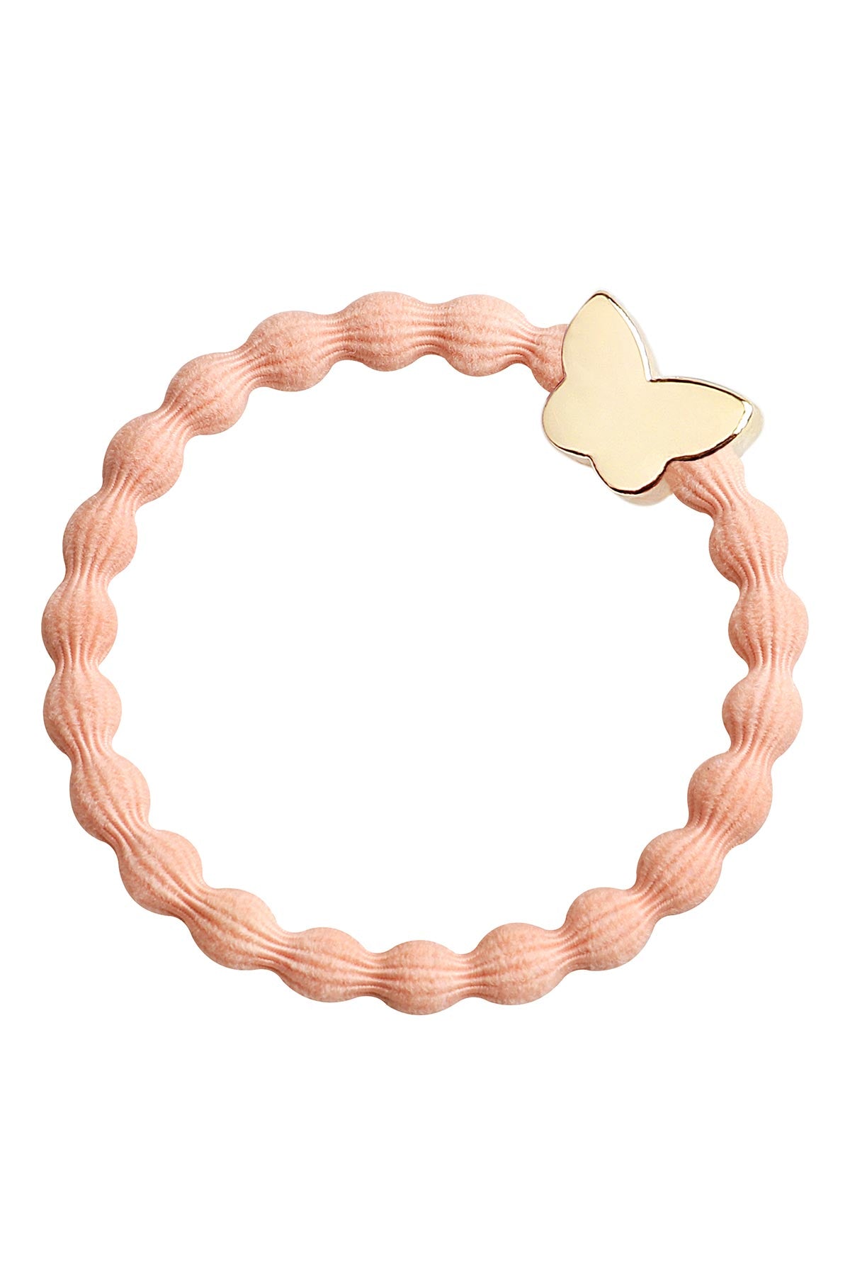 By Eloise Peach Gold Butterfly Bangle Band shown as an elegant hair tie bracelet