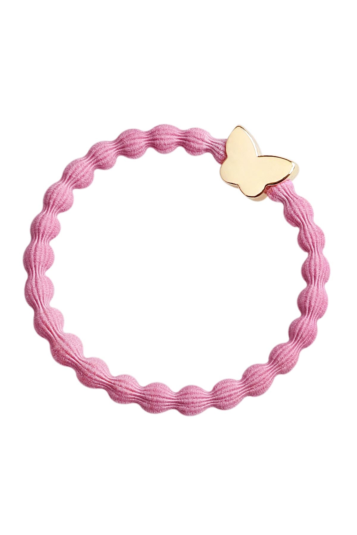 By Eloise Rose Pink Gold Butterfly Bangle Band shown as an elegant hair tie bracelet