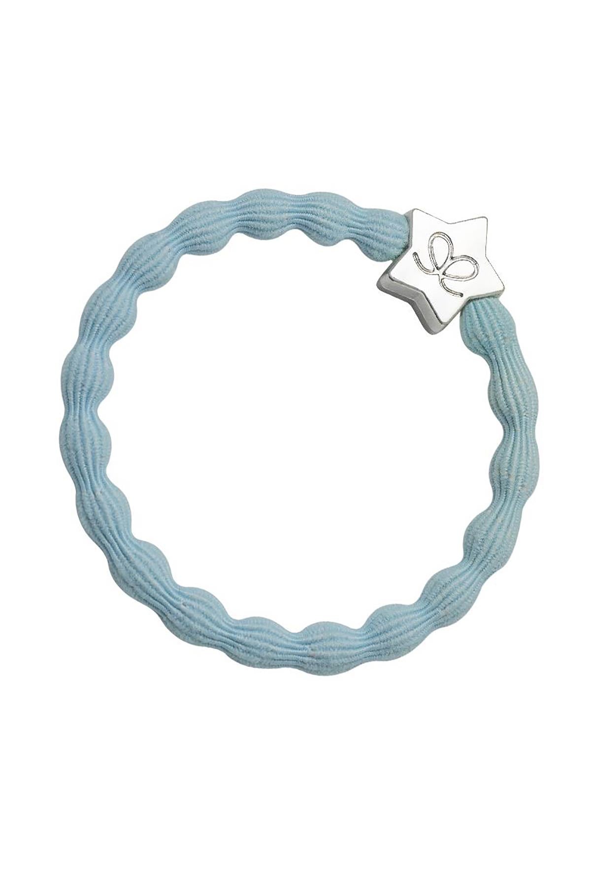 By Eloise Sky Blue Silver Star Bangle Band shown as an elegant hair tie bracelet