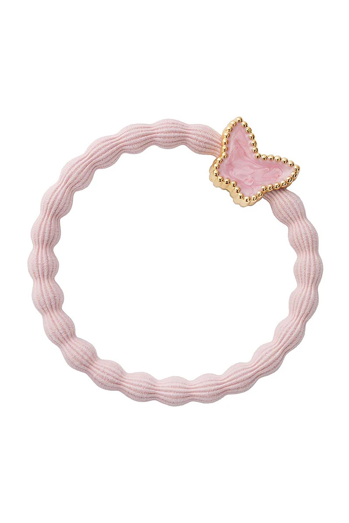 By Eloise Soft Pink Gold Butterfly Enamel Bangle Band shown as an elegant hair tie bracelet