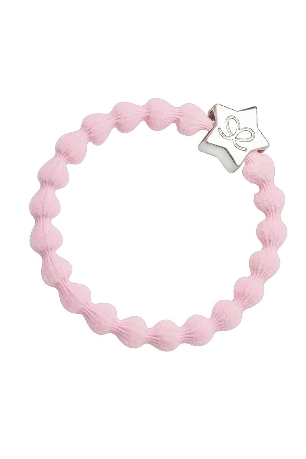 By Eloise Soft Pink Silver Star Bangle Band shown as an elegant hair tie bracelet