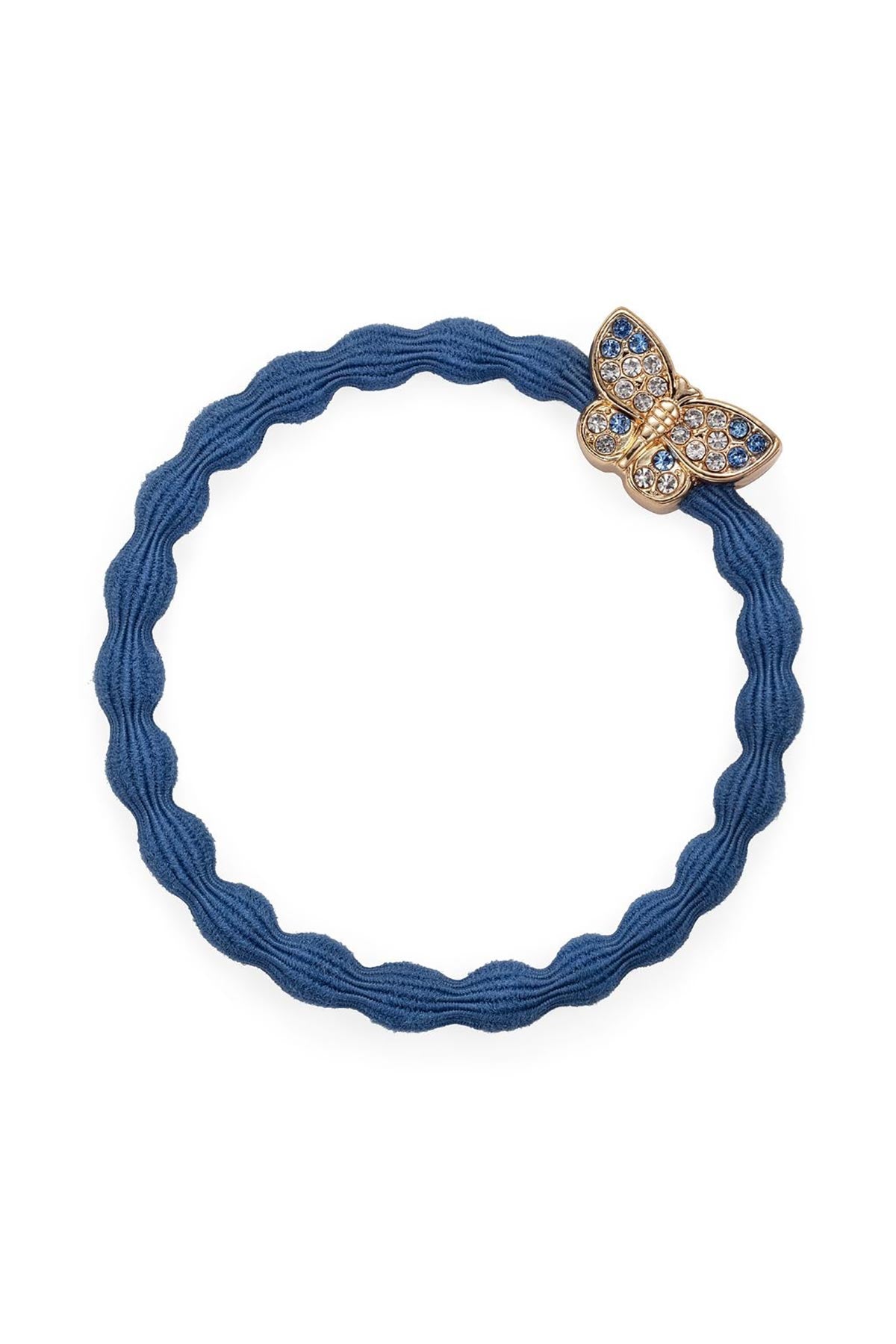 By Eloise Dove Blue Butterfly Bling Bangle Band shown as a stylish hair tie bracelet