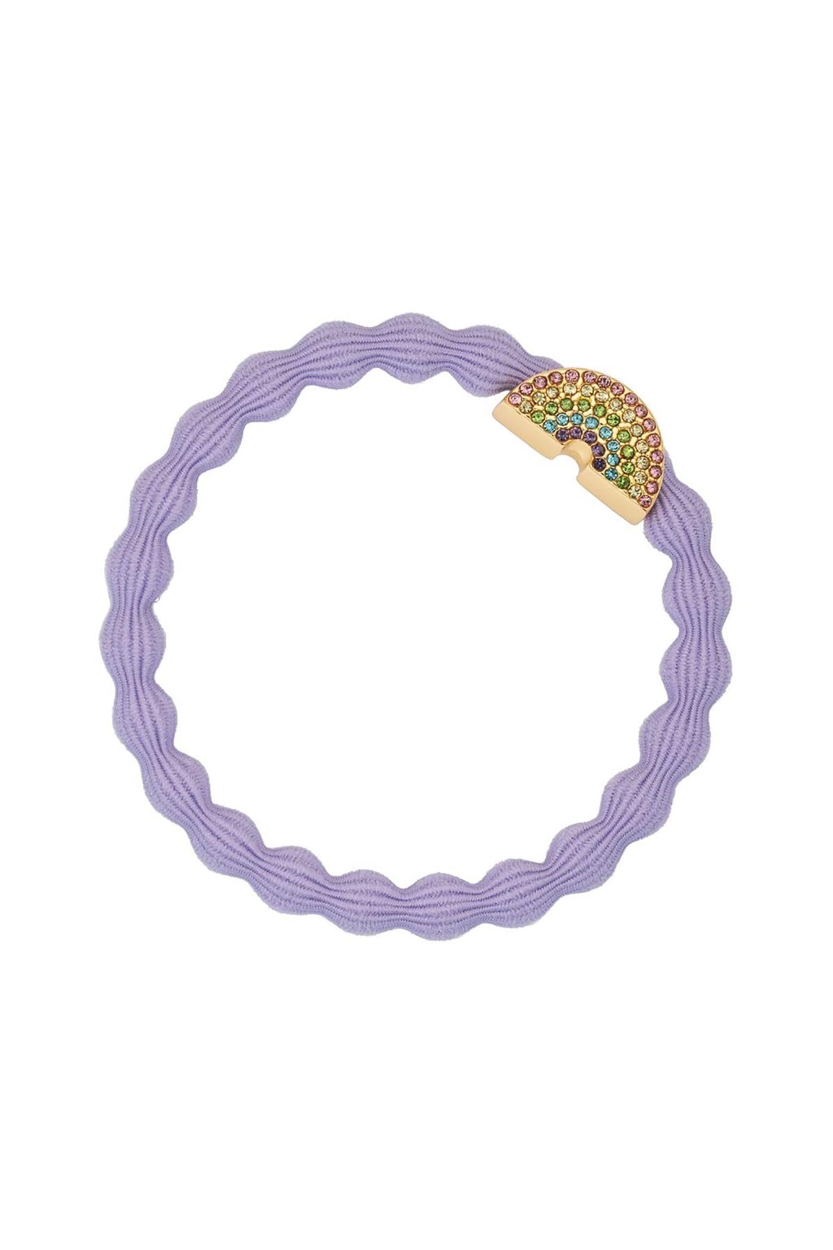 By Eloise Lavender Rainbow Bling Bangle Band shown as a playful hair tie bracelet