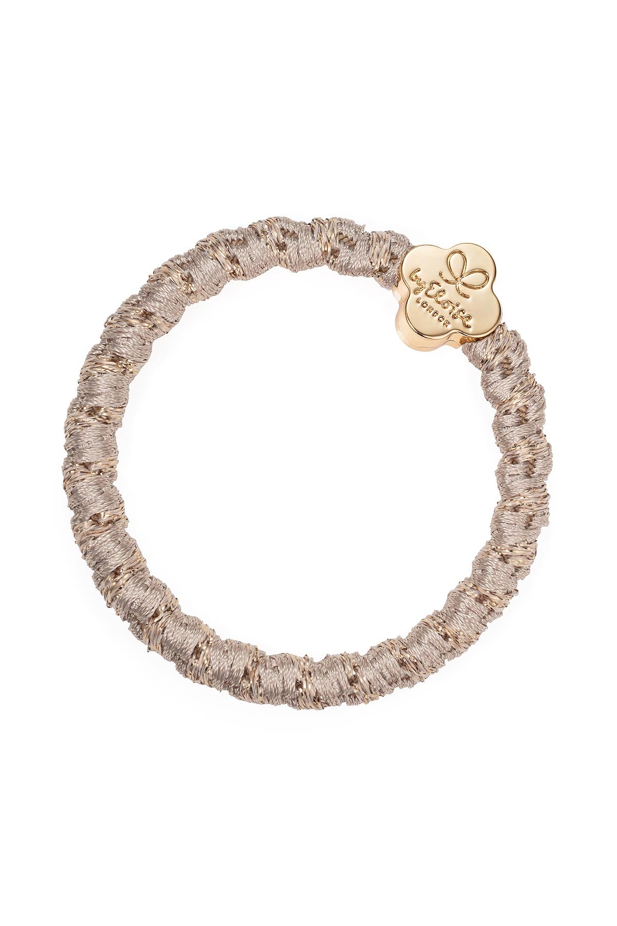By Eloise Blonde Gold Quatrefoil Woven Bangle Band shown as a stylish hair tie bracelet