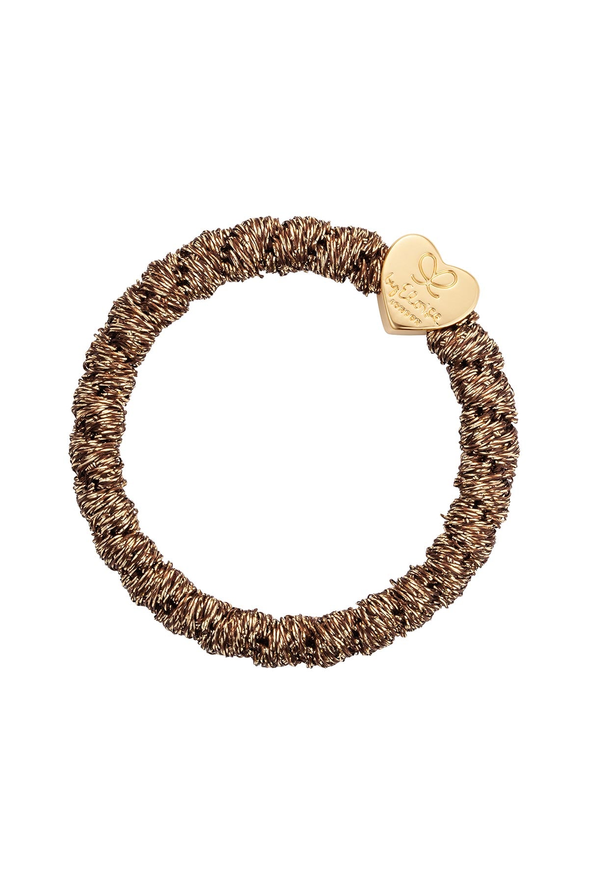 By Eloise Bronze Gold Heart Woven Bangle Band shown as a stylish hair tie bracelet