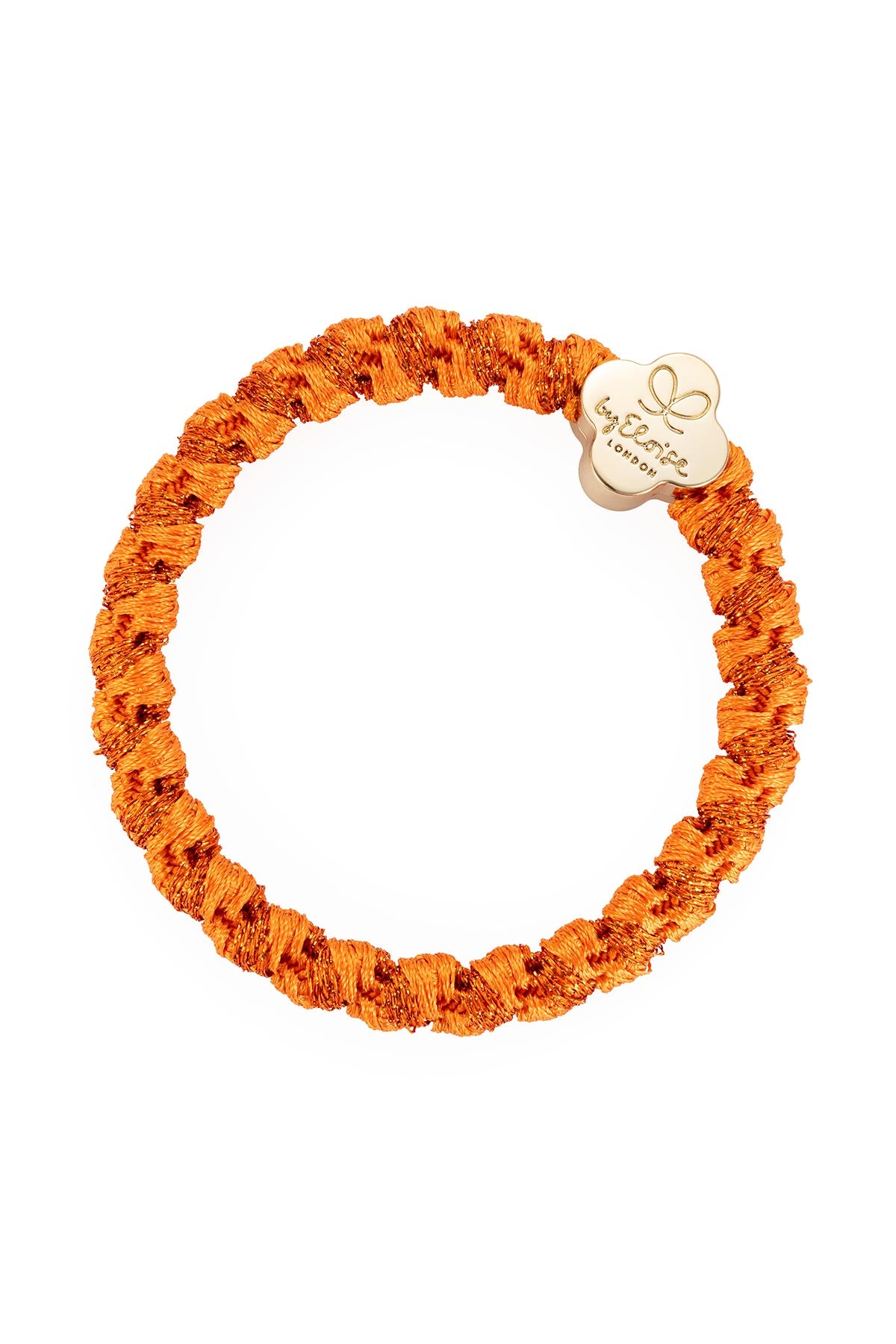 By Eloise Gold Quatrefoil Woven Bangle Band in saffron shown as an elegant hair tie bracelet