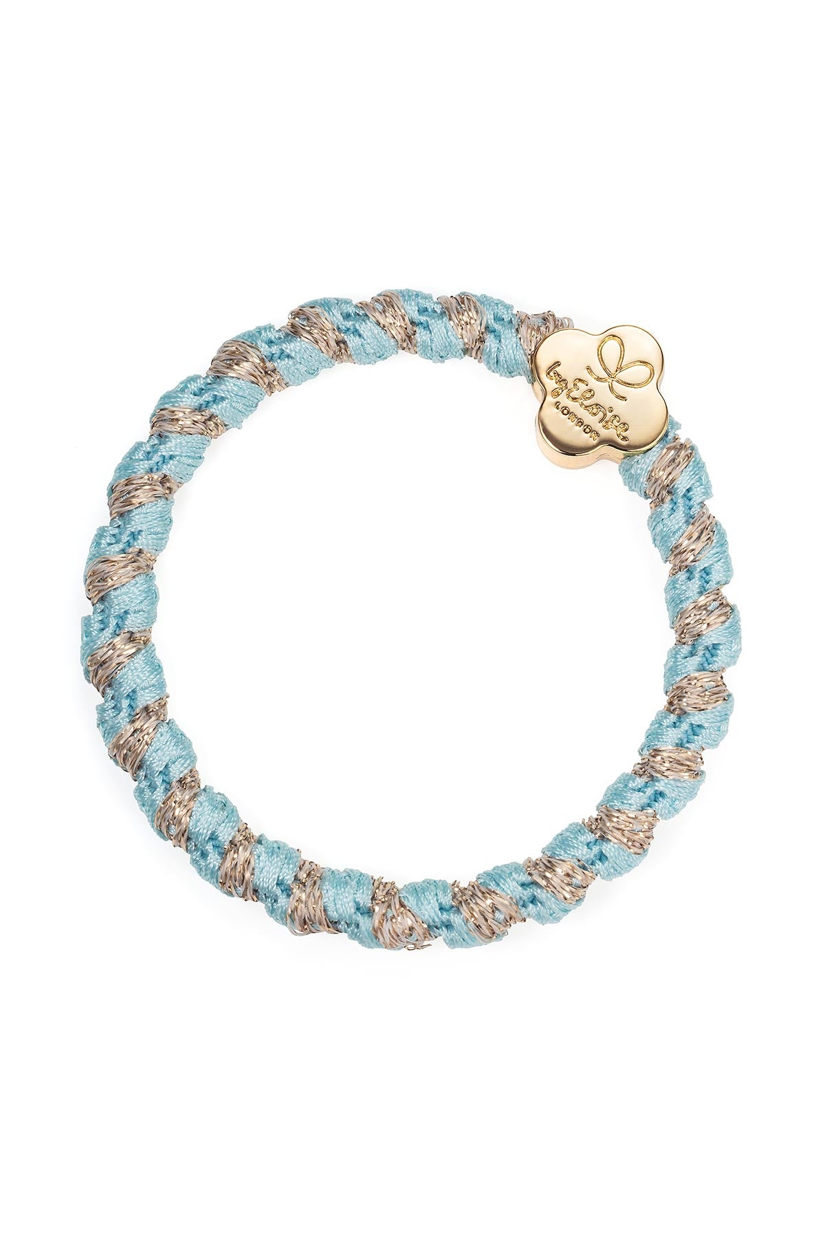 By Eloise Peppermint Gold Quatrefoil Woven Bangle Band shown as a stylish hair tie bracelet