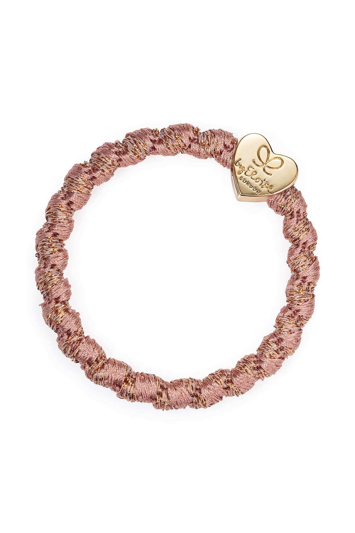 By Eloise Rose Gold Heart Woven Bangle Band shown as a stylish hair tie bracelet