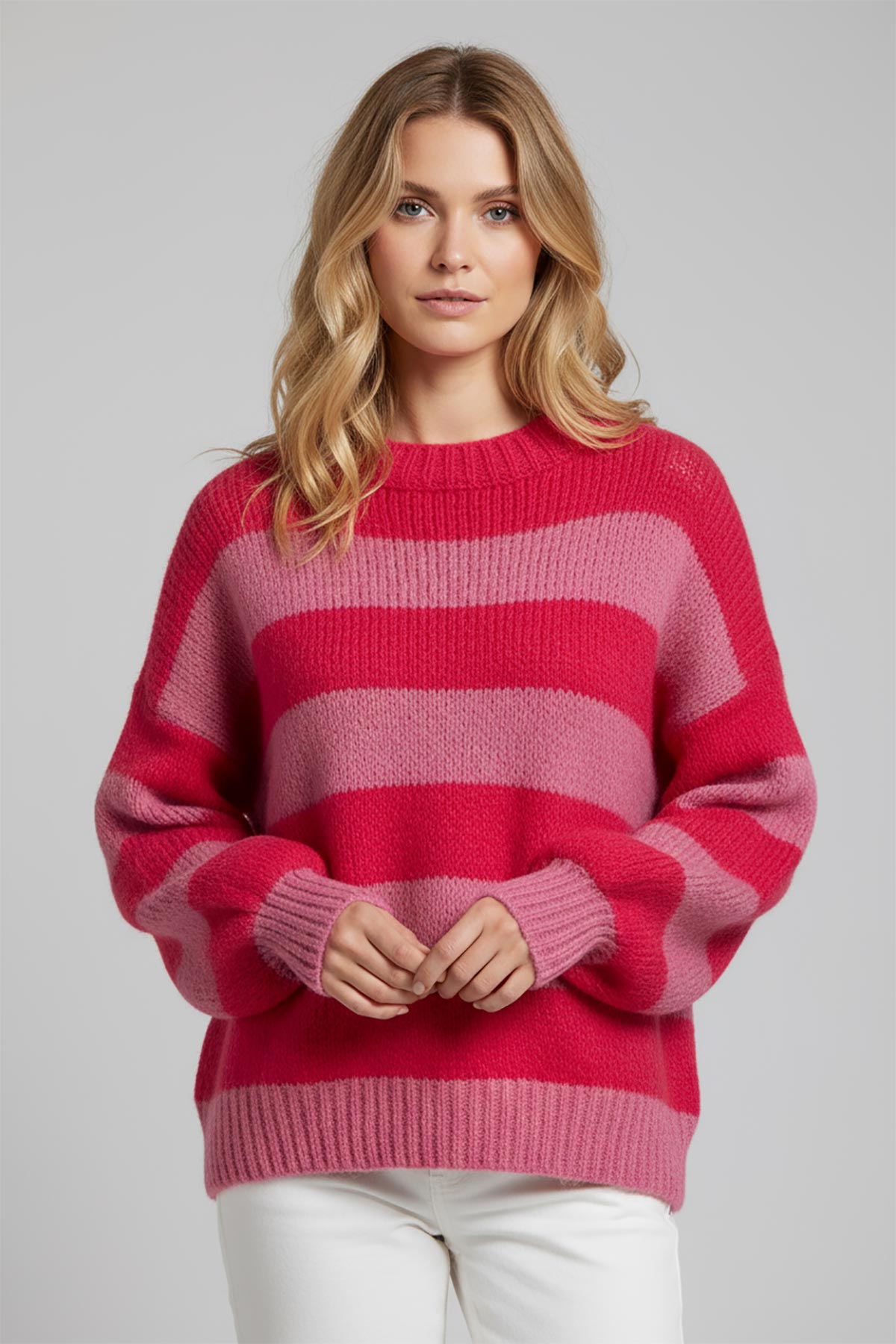 Candy Stripes Chunky Wool Blend Jumper styled with jeans – oversized fit