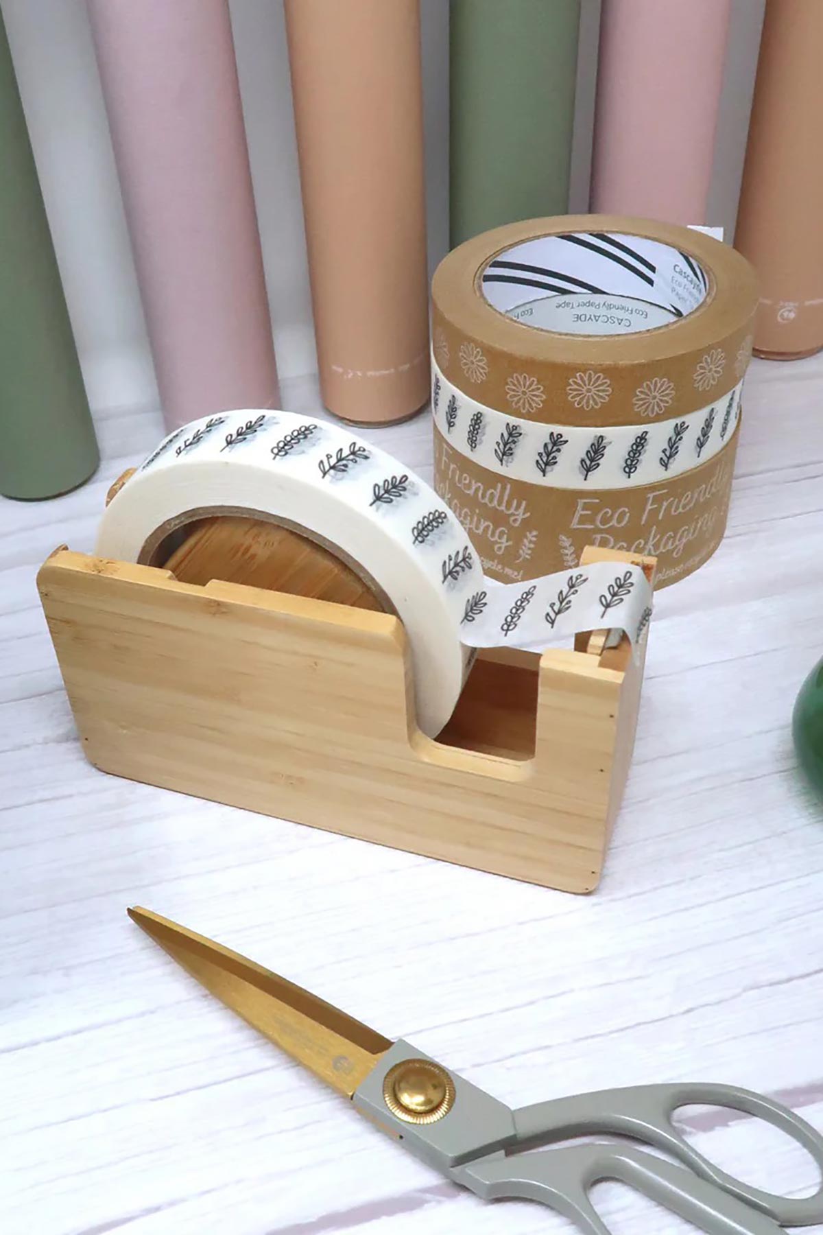 Close-up of bamboo tape dispenser and cutter teeth