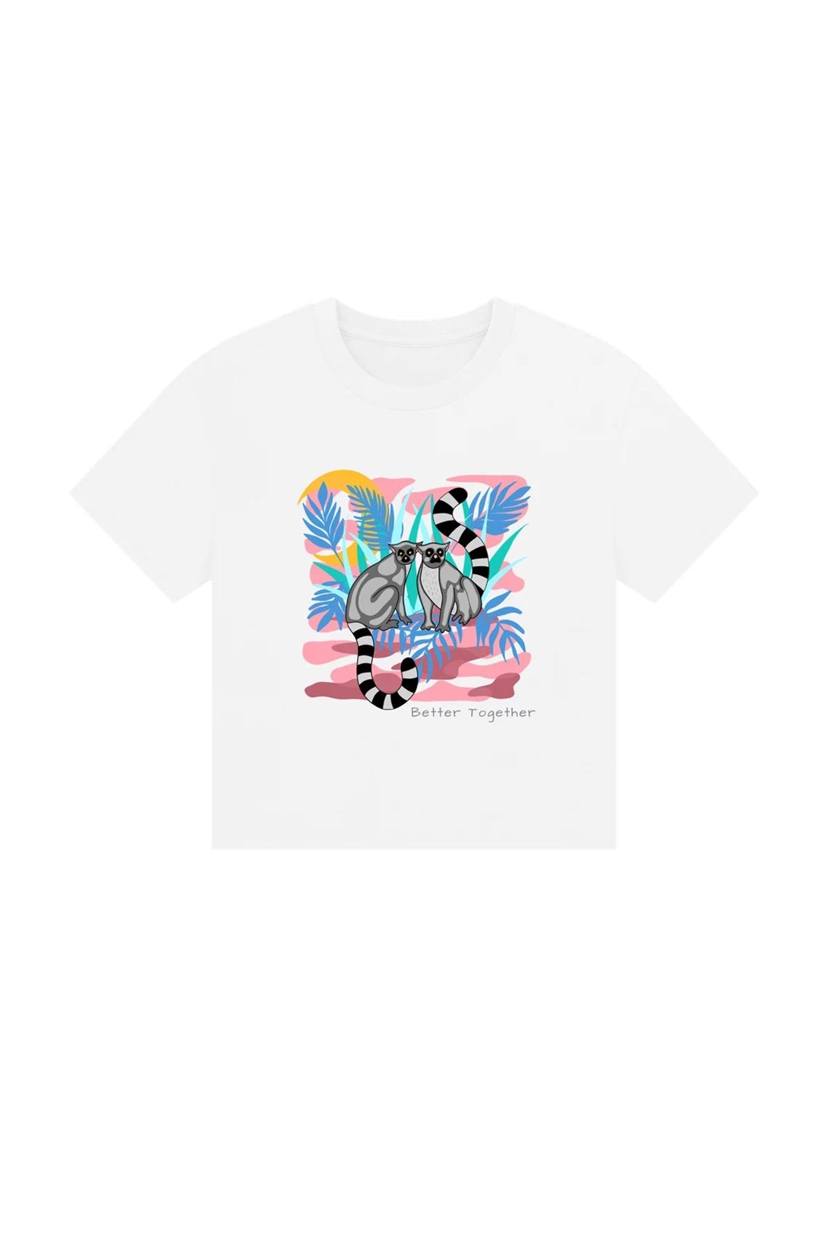 Circular organic cotton tee with colourful “Better Together” lemur illustration by Urban Wild