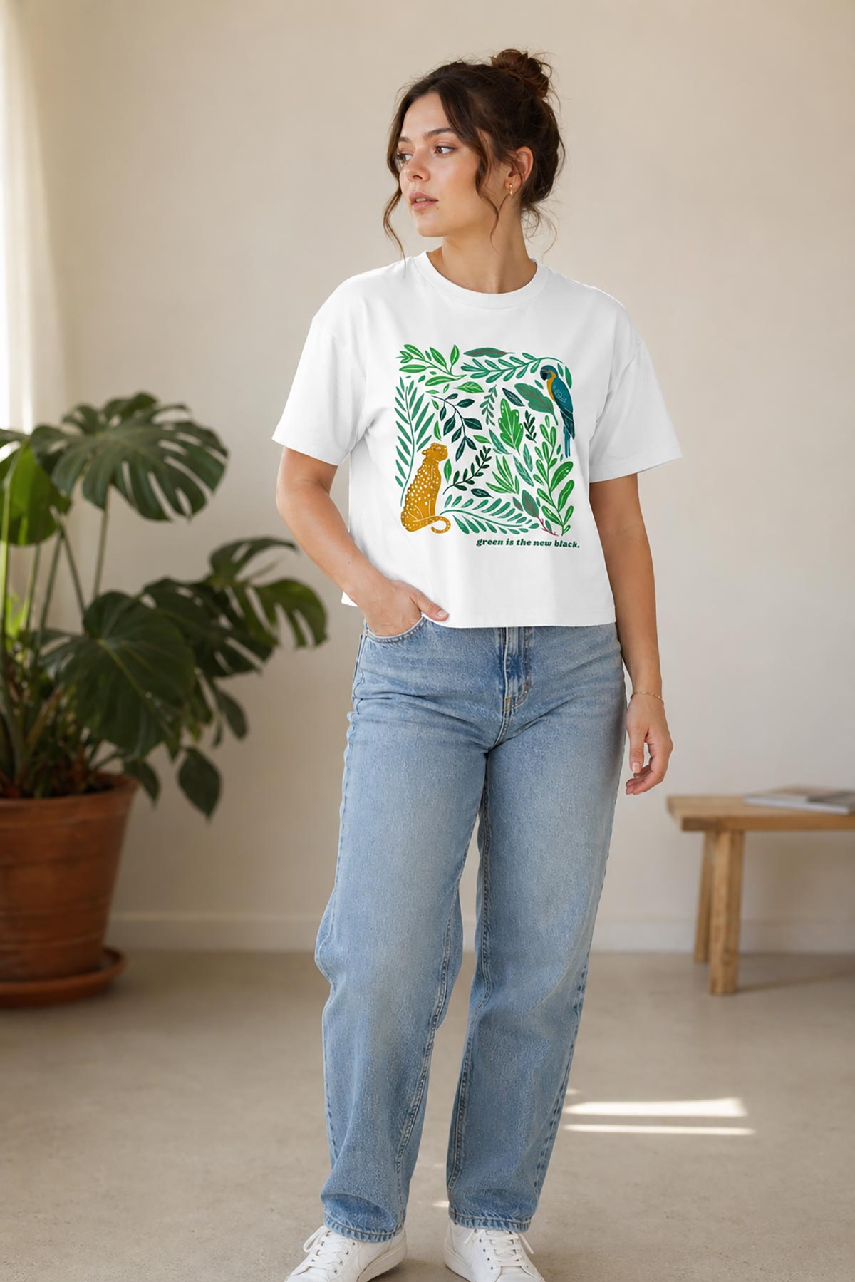 Model wearing circular organic cotton nature print t-shirt by Urban Wild in relaxed fit