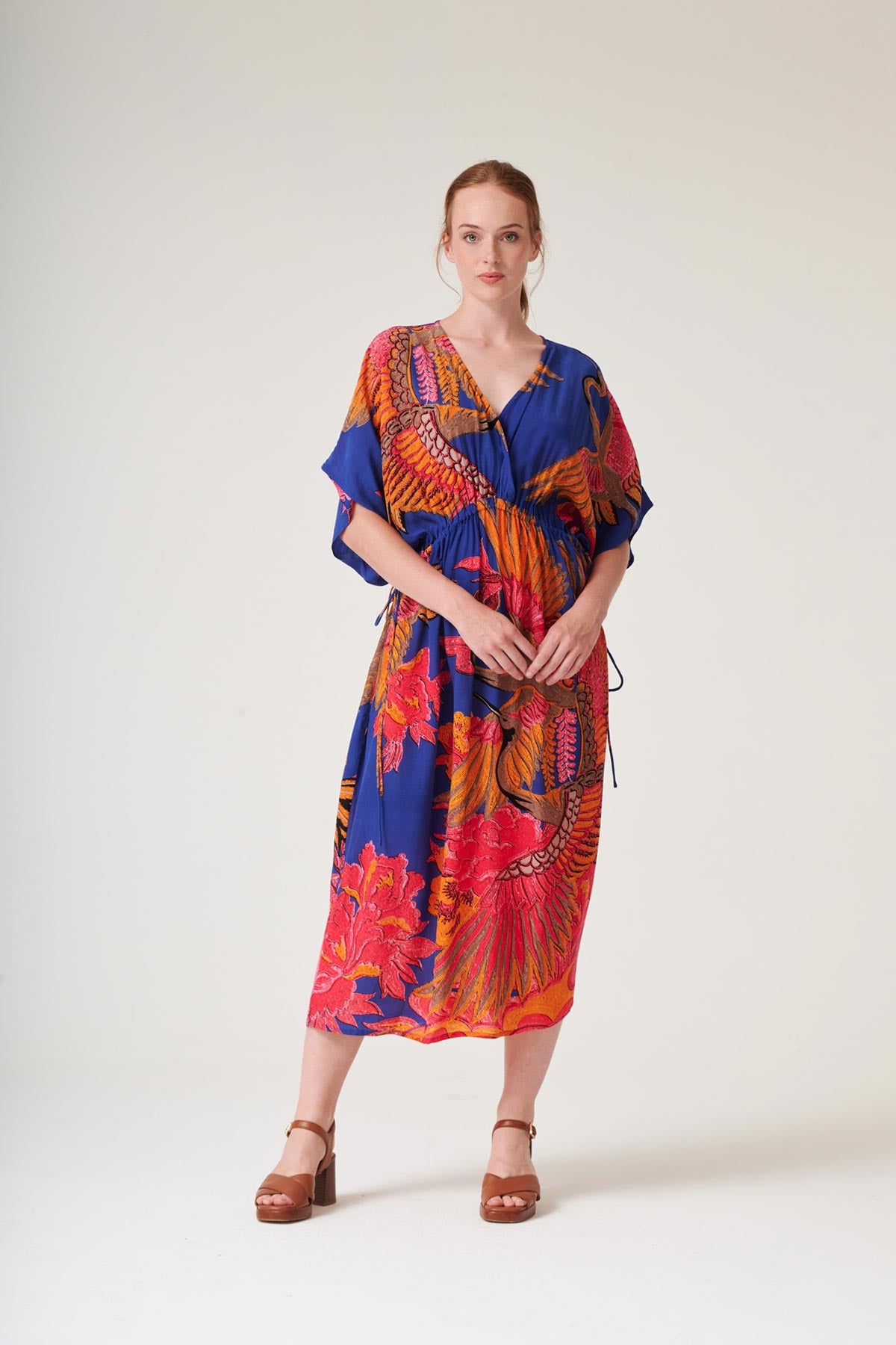 Elegant crane motif dress in cobalt blue