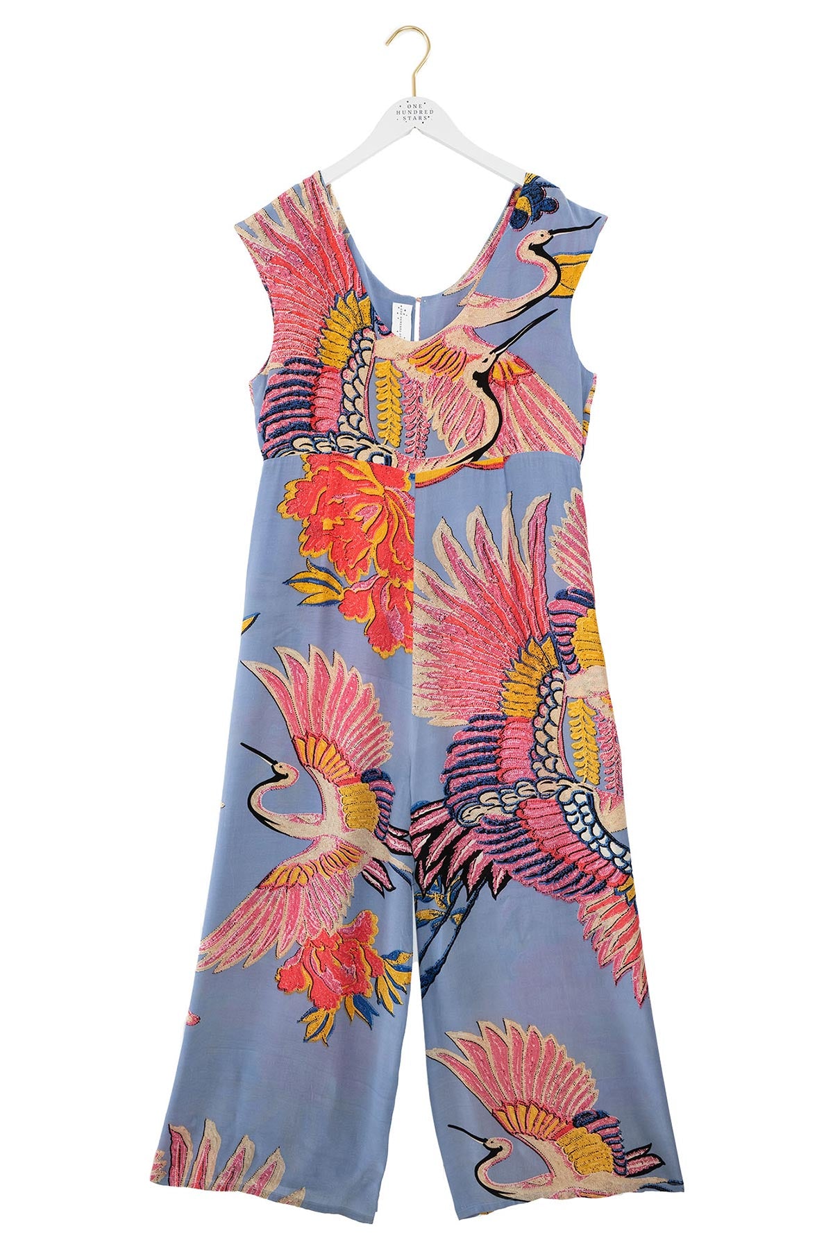Periwinkle crane print cupro and viscose jumpsuit