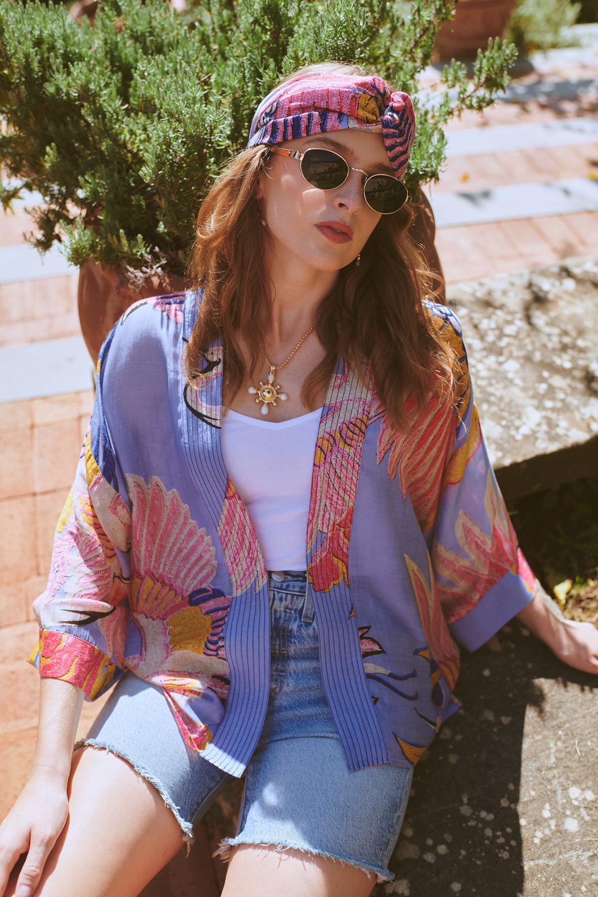 Periwinkle crane print modal and cupro kimono