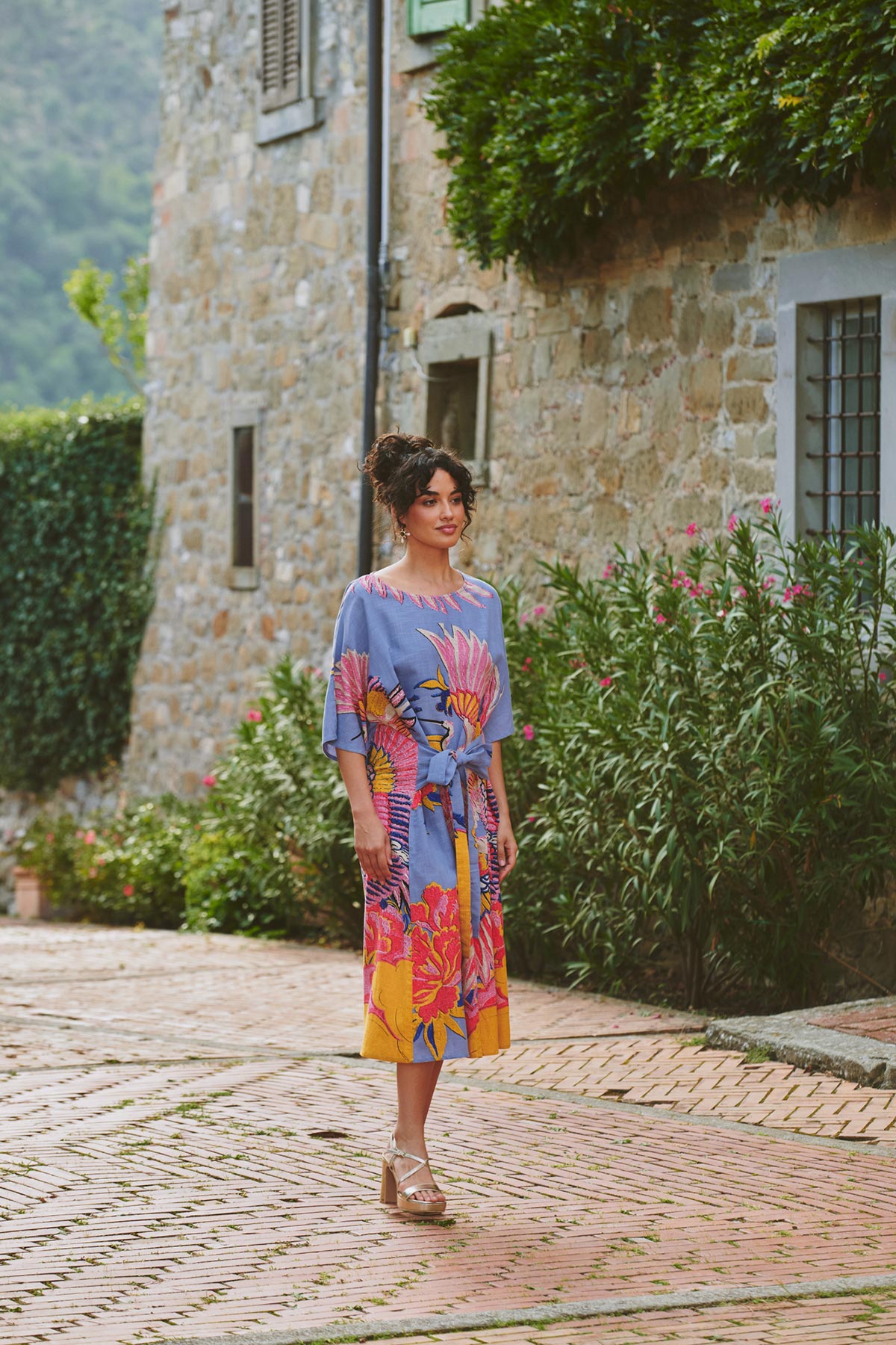 Elegant printed obi waist dress