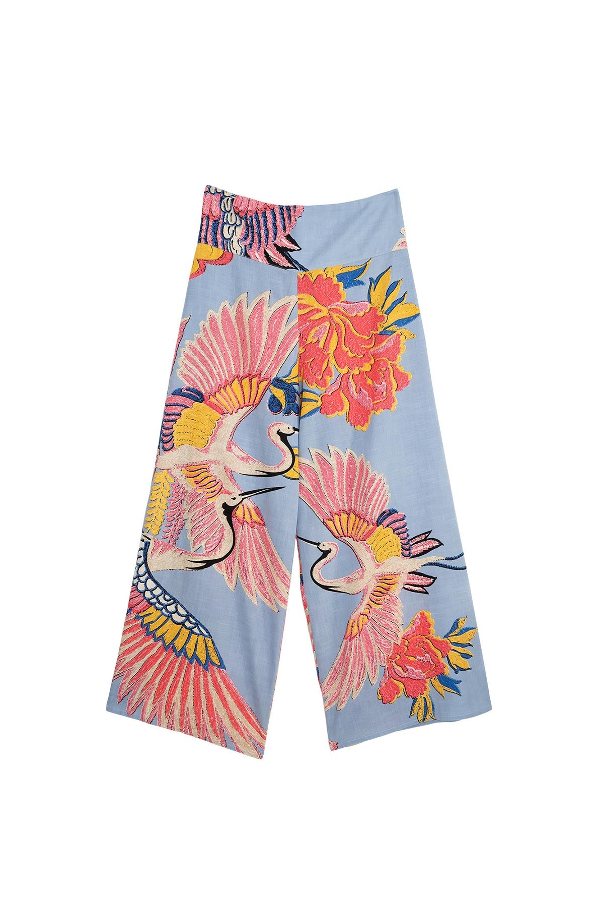 Periwinkle crane print wide leg trousers