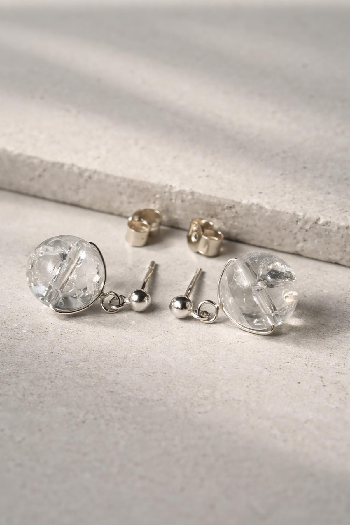 Crystal quartz stud earrings detail view