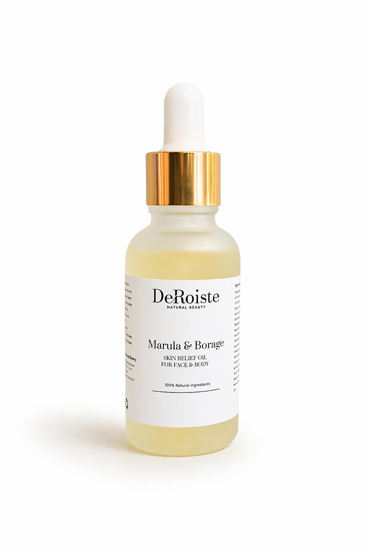 Deroiste marula and borage skin relief oil bottle for face and body on clean background Urban Wild