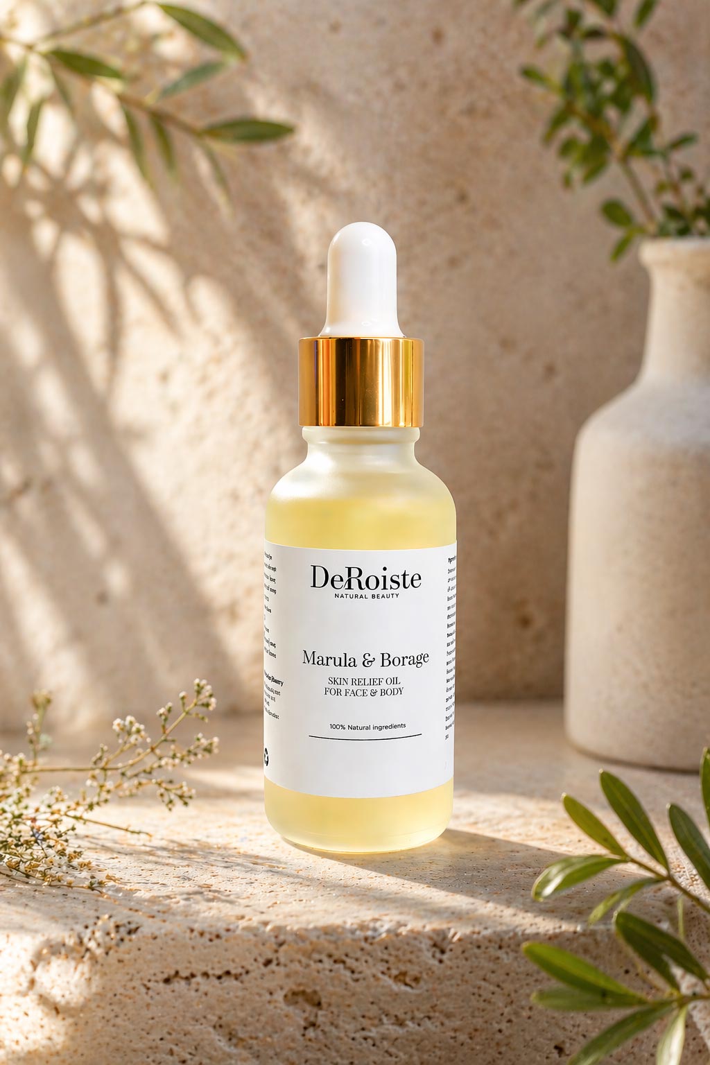 Natural marula and borage skin relief oil in soft lifestyle setting for sensitive skin Urban Wild